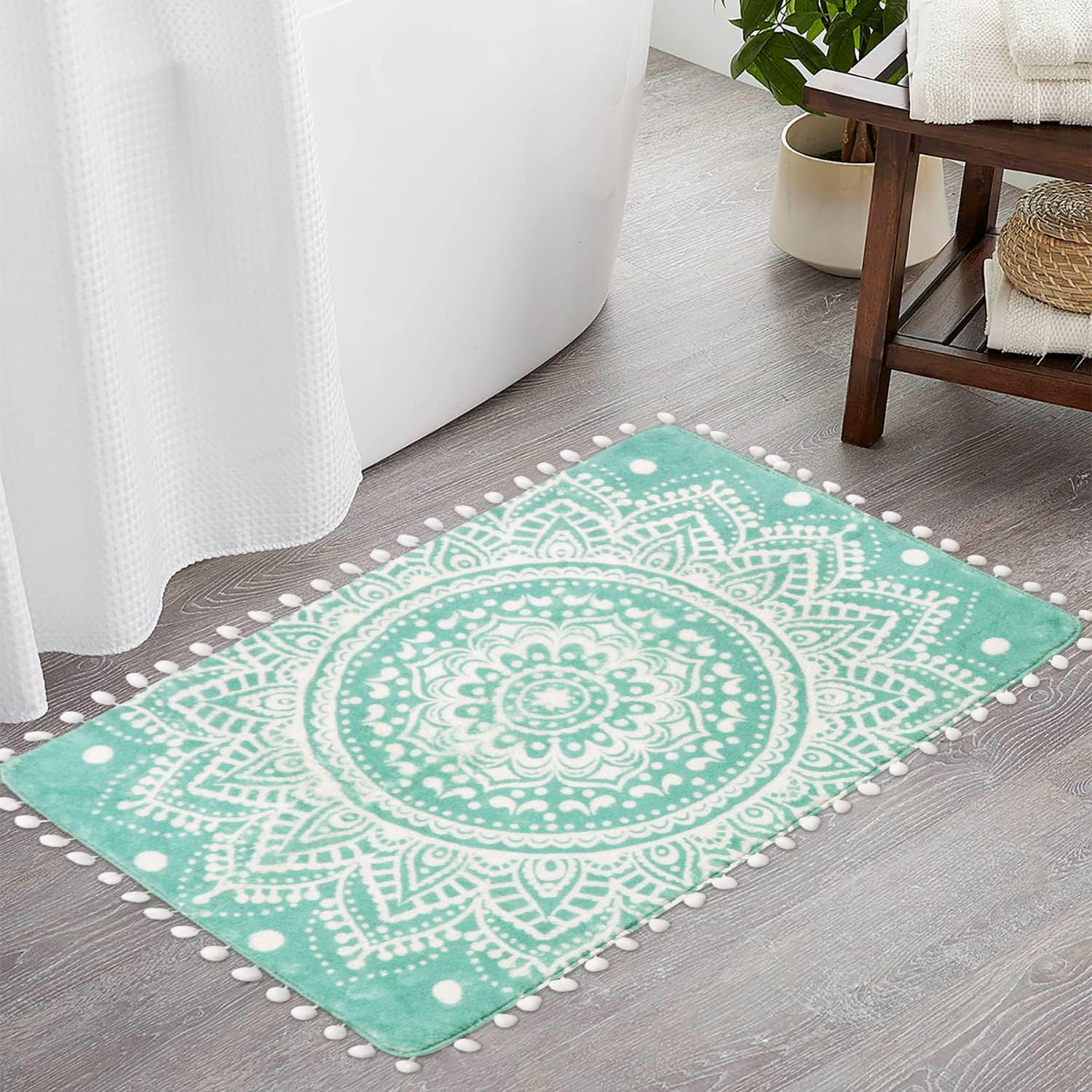 Uphome Small Round Rug 2.3&rsquo; Black Mandala Boho Bathroom Rugs with Pom Poms Fringe Washable Circle Shower Mat Soft Non-Slip Cute Circular Throw Rug for Sink Powder Room Bedroom Kids Room Nursery