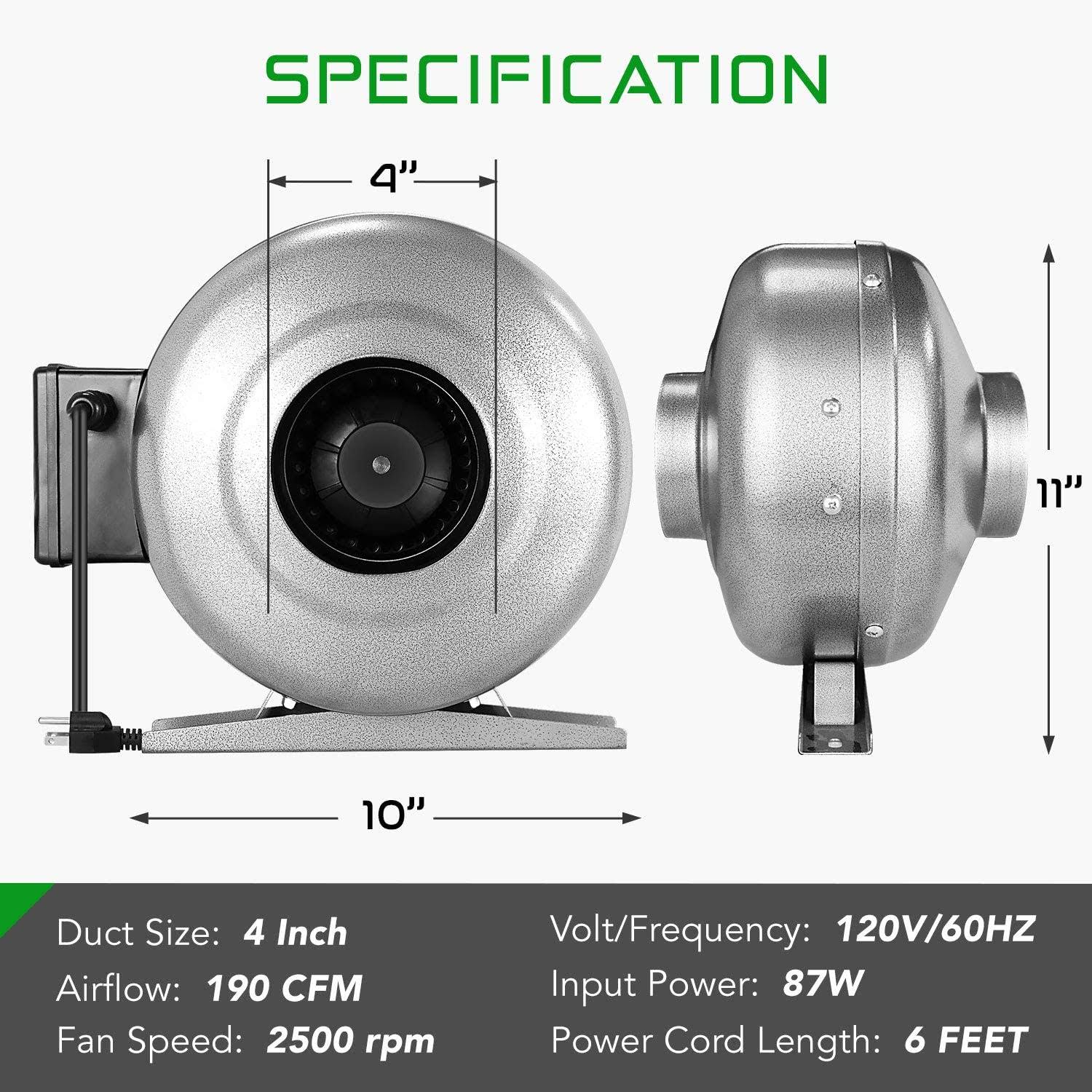 iPower 4 inch 190 CFM Inline Duct VENTILATION HVAC Vent Blower Fan for Grow Tent, Silver
