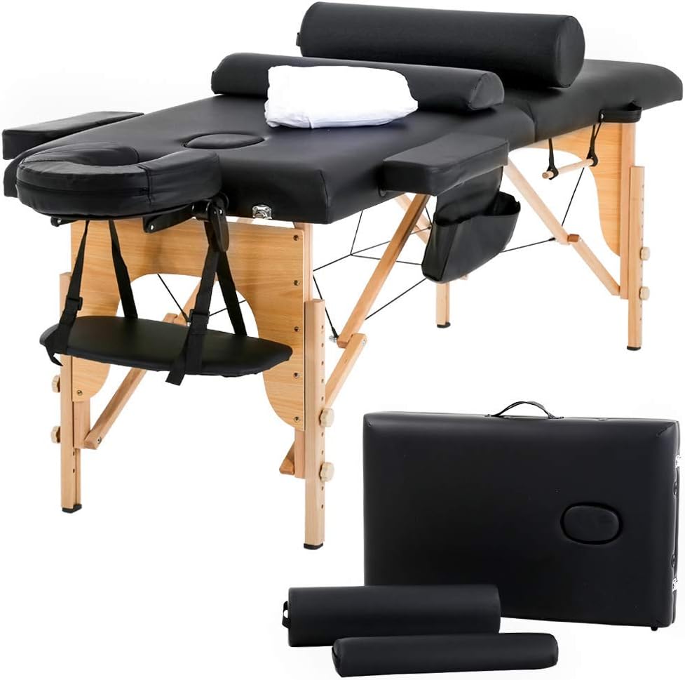 Massage Table Massage Bed Spa Bed 73 inch Long Height Adjustable Portable 2 Folding Massage Salon Table W/Sheet Cradle Bolsters Hanger Facial Salon Tattoo Bed