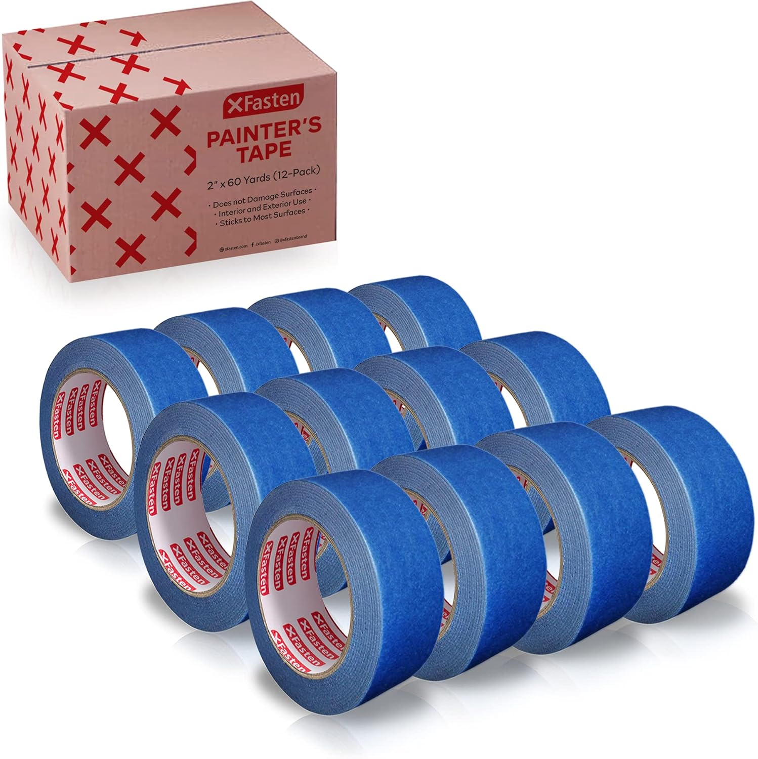 XFasten Blue Painter's Tape, 2 Inch x 60 Yards (12-Pack) Blue Painters Masking Tape Bulk - Sharp Edge Line Technology, Produces Sharp Lines | Residue-Free and Artisan Grade Wall Trim Tape