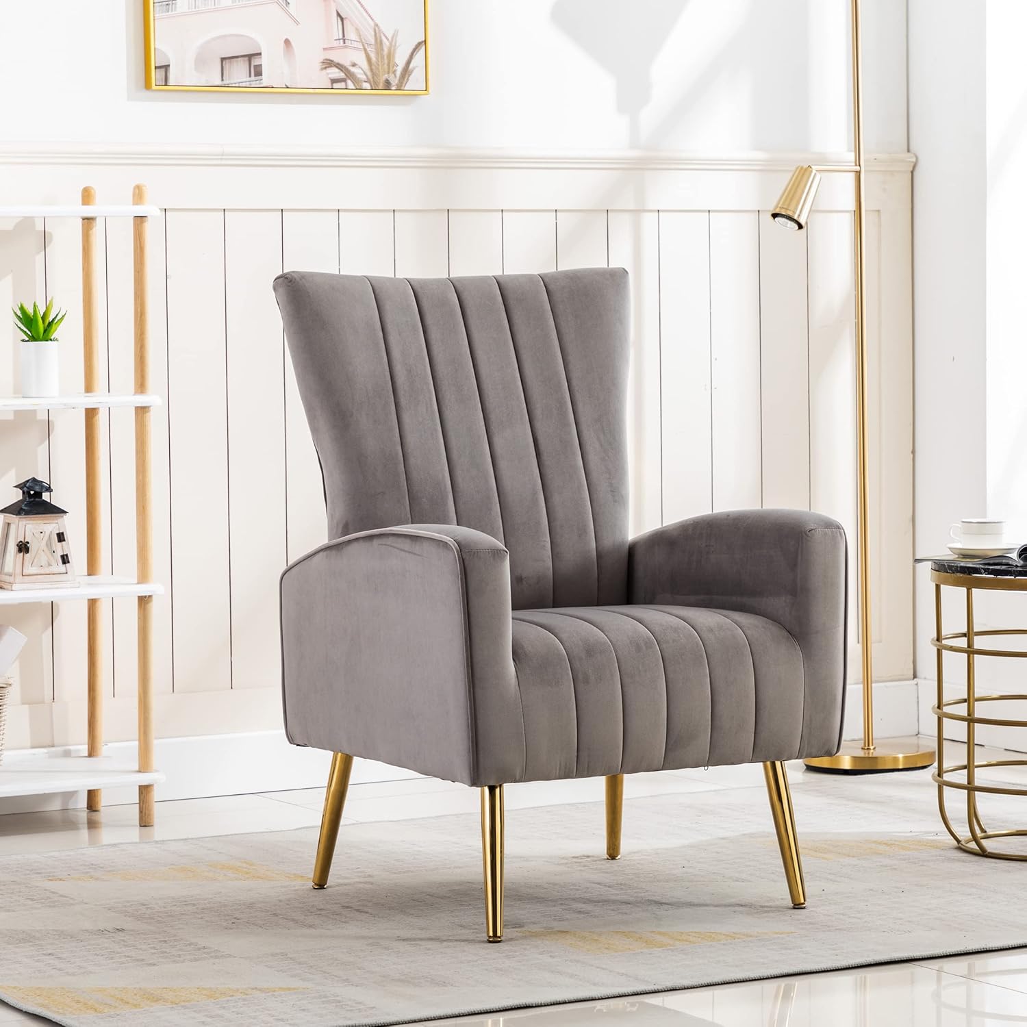 Modern Velvet Armchair Accent Chair with Golden Legs for Living Room, Blue