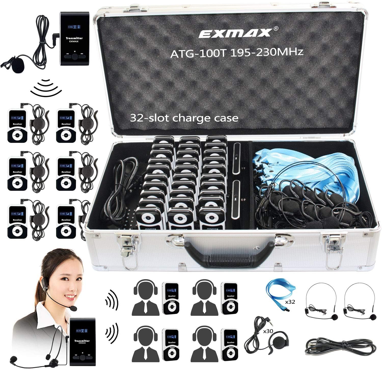 EXMAX ATG-100T 195-230MHz Wireless Tour Guide Voice Audio Transmission System + 32-slot Charge Case for Teaching Tour Guides Conference Church Translation Service Trip(2 Transmitters and 30 Receivers)