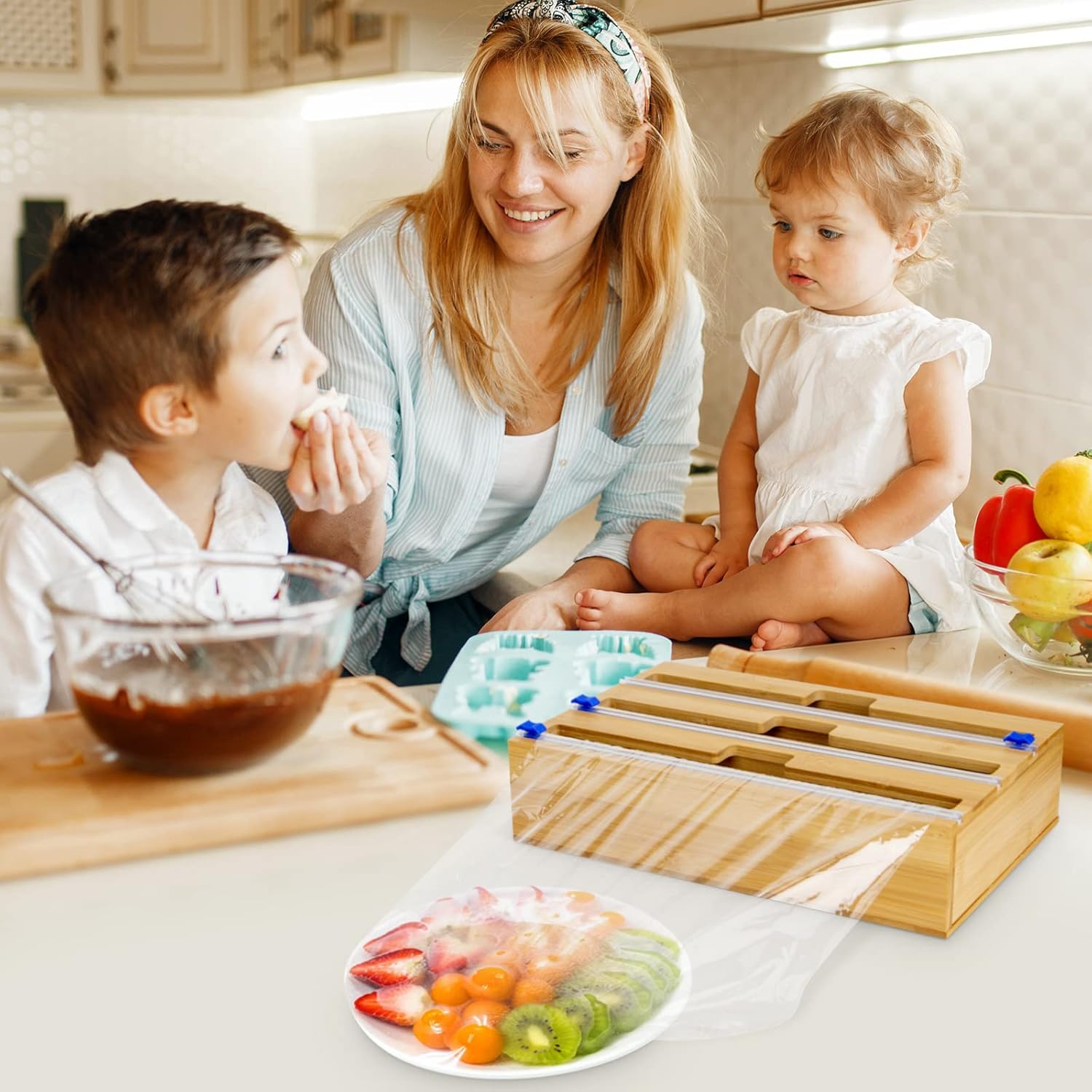 3 in 1 Bamboo Wrap Dispenser with Cutter and Labels, Plastic Wrap, Aluminum Foil and Wax Paper Dispenser for Kitchen Drawer Neat, Hangable Roll Organizer Holder, Compatible with 12