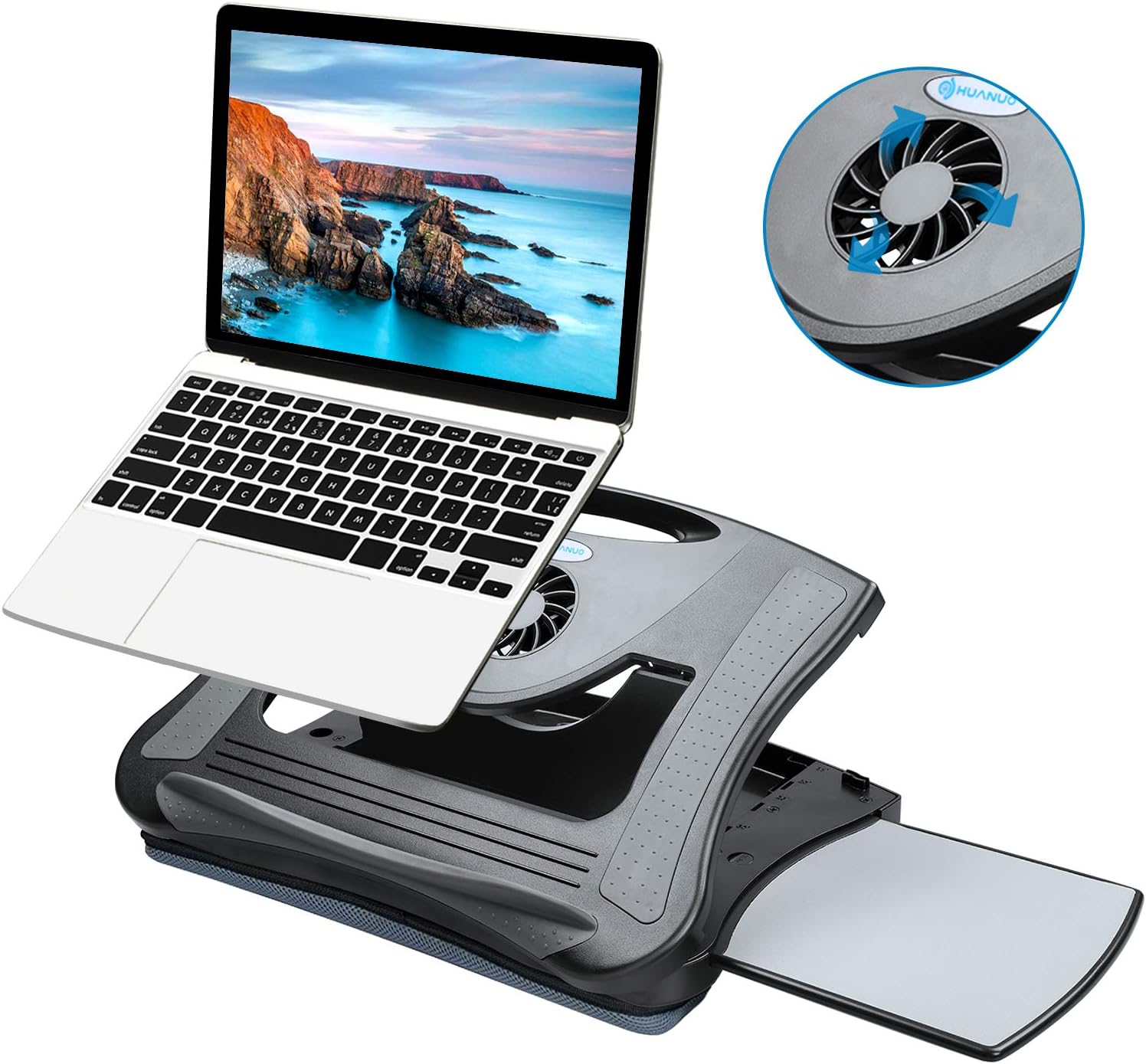 HUANUO Lap Desk with Cooling Fan, Laptop Lap Desk with 5 Adjustable Angles, Laptop Desk Fits 15.6 Inch Laptops, Lap Laptop Stand for Car with Detachable Mouse Pad & Mesh Cushion Lap Desk Writing Board