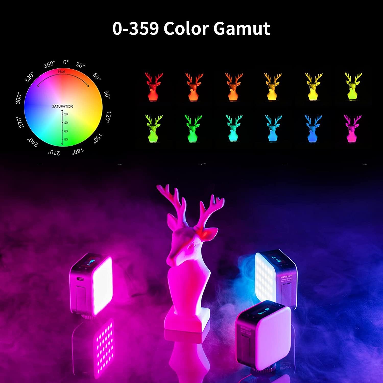 simorr RGB Video Light 360&deg;Both-Sided Camera Light Full Color Portable Photography Lighting w 3 Cold Shoe Support Magnetic Attraction 2000mAh CRI 96 2500-9000K Dimmable Panel Lamp 3482