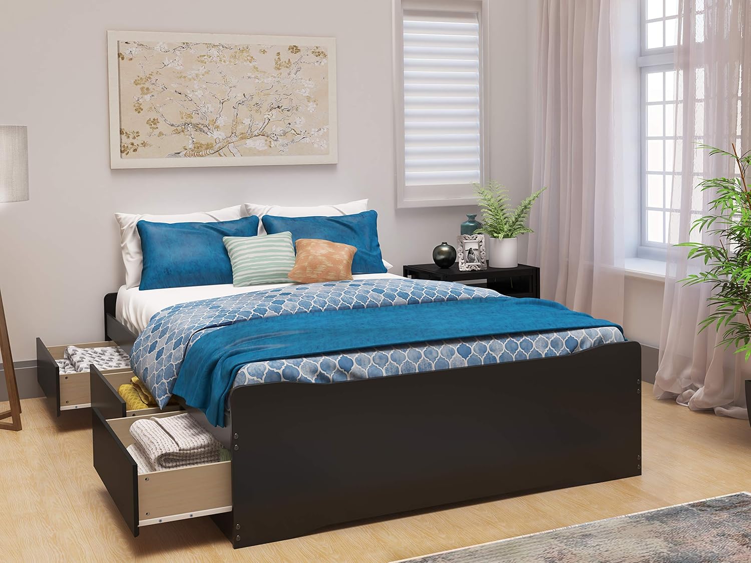 Prepac Coal Harbor Platform Storage Bed with 6 Drawers, Full, Black & Tall Slant-Back Bookcase Headboard, Black, Full/Queen