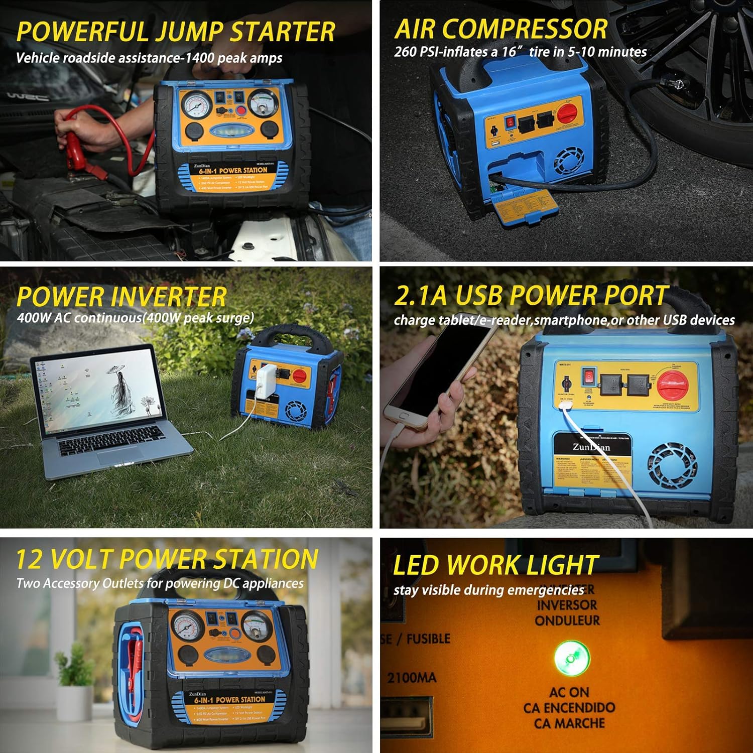 ZunDian Power Station 1400 Amp Battery Jump Starter with Air Compressor Car Tire Inflator, 110V 400W Power Inverter USB DC AC Outlet, 12V Emergency Auto Battery Booster Pack, Jumper Clamp