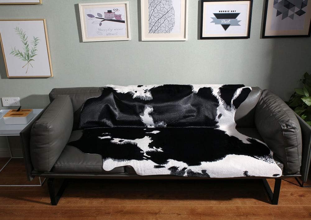 MustMat Western Decor Faux Cow Hide Rug 5.2X4.6 Feet Black and White Animal Print Fur Skin Carpet for Home