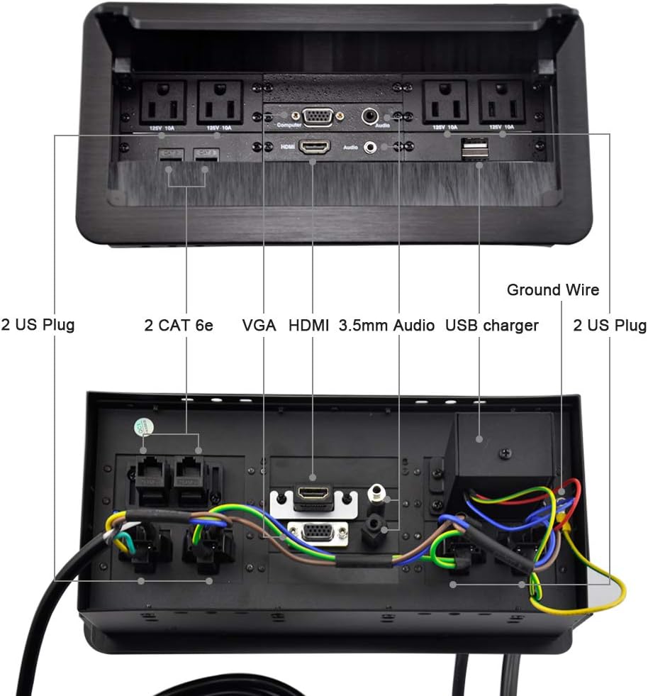 Conference Table Power Brush Connectivity Box with 4 AC Power + 2 RJ45（CAT6） + 2 Audio 3.5mm + 1 VGA + 1 HDMI + 2 USB Charger with 5.58ft Power Cord … (Black)