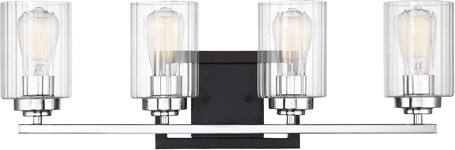 Savoy House 8-2154-4-67 Redmond 4-Light Bathroom Vanity Light in a Matte Black Finish and Polished Chrome Accents with Clear Ribbed Glass (28