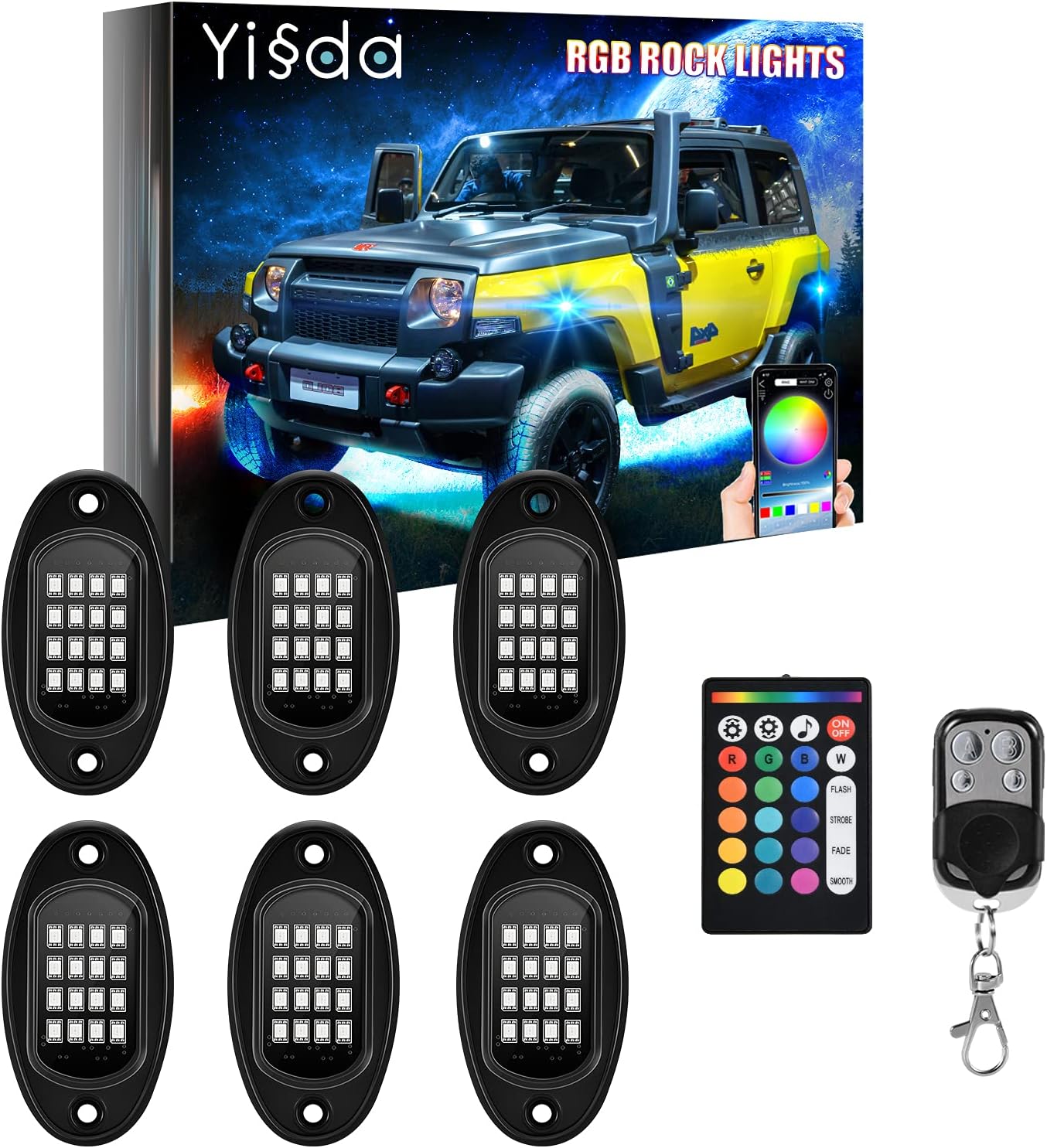 【Brightness Upgraded】YISSDA RGB LED Rock Lights 128LEDs, Multicolor Neon Underglow Lighting Kit with APP Control Music Mode for Jeep Truck UTV SUV, Waterproof, with Long Extension Cord, 8 Pods Pack of 2
