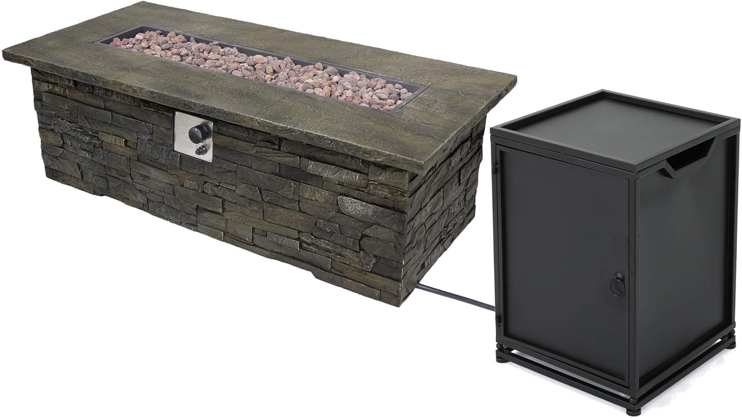 Christopher Knight Home 305417 Welsh Outdoor Light Weight Rectangular Fire Pit, Natural Stone/Black