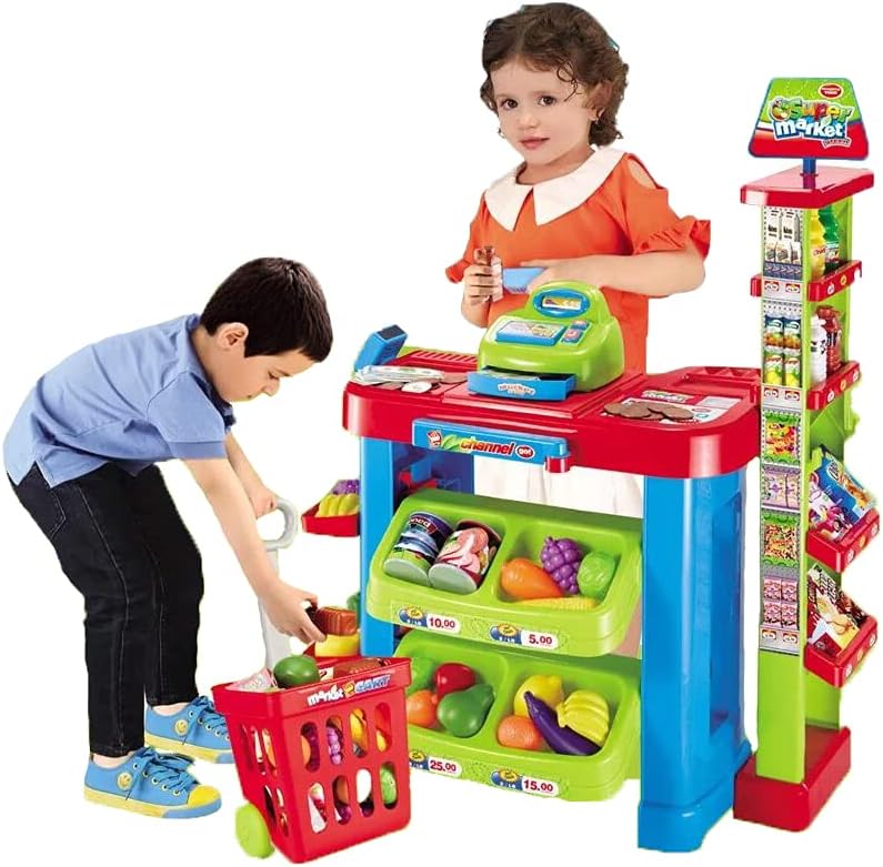 deAO SPM-2 Kids Supermarket Stall Toy Shopping Trolley and Over 30 Play Food Accessories Included Pack of 2