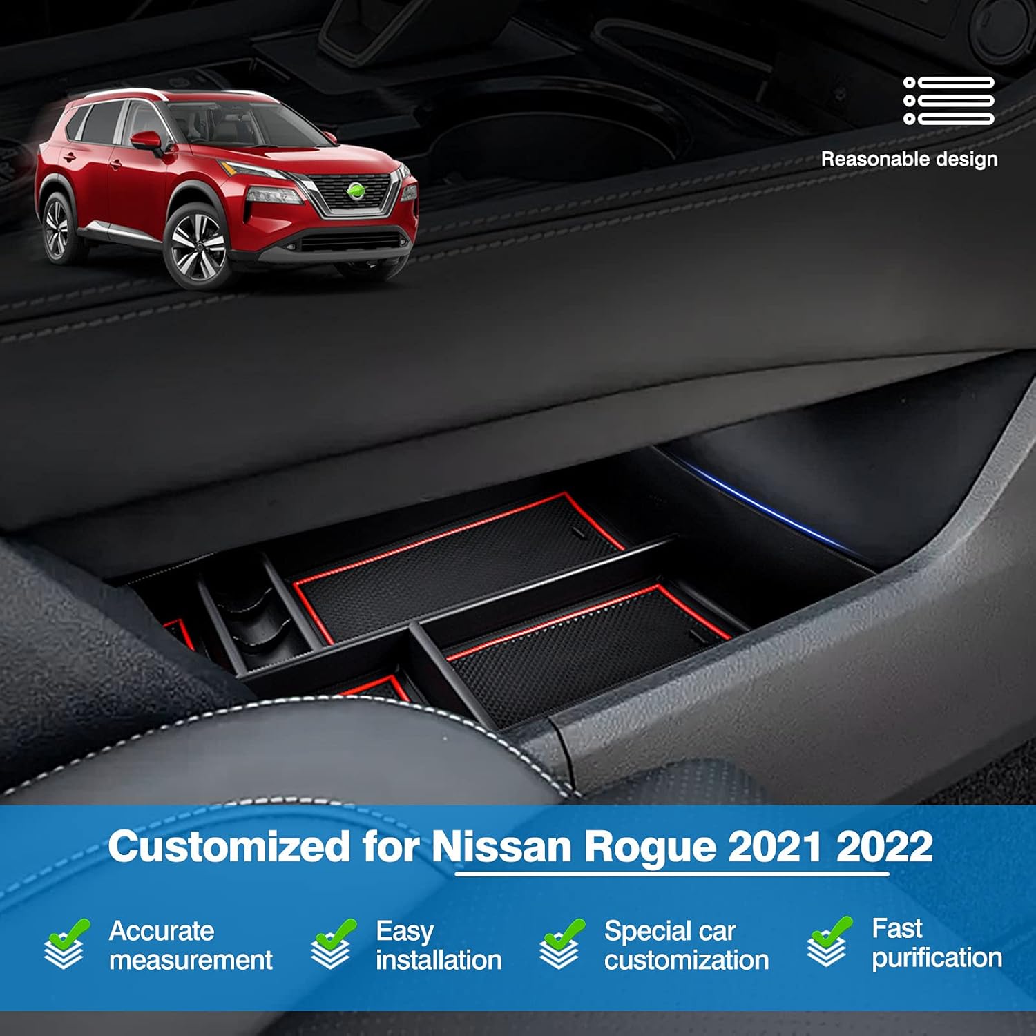 Autorder Compatible with Center Console Organizer Nissan Rogue 2021 2022 T33 Accessories Armrest Box Secondary Storage Tray Sunglasses Holder with Black Mat