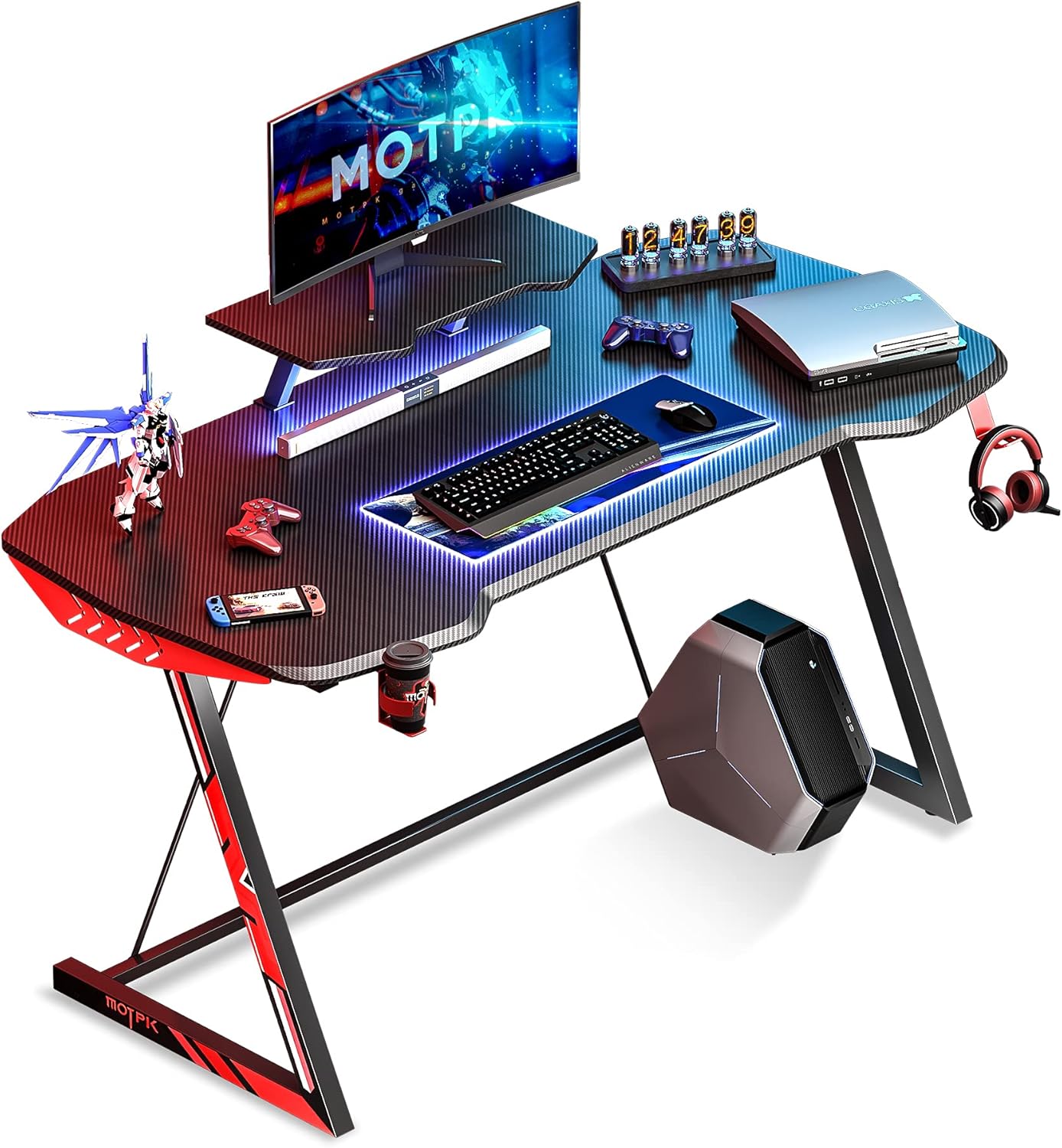 MOTPK 47 inch Gaming Desk Carbon Fiber Black Computer Desk, Gamer Workstation Home Office Desk with Monitor Stand Cup Holder and Headphone Hook