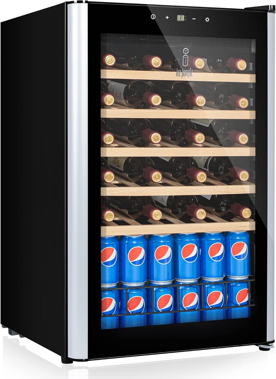 Wine Cooler Refrigerator, ICEJUNGLE 49 Bottles Beverage Freestanding Wine Cooler Fridge with Glass Door, Digital Temperature Display and Adjustable Shelves for Soda Beer or Wine, Perfect for Home/Bar/Office,Black