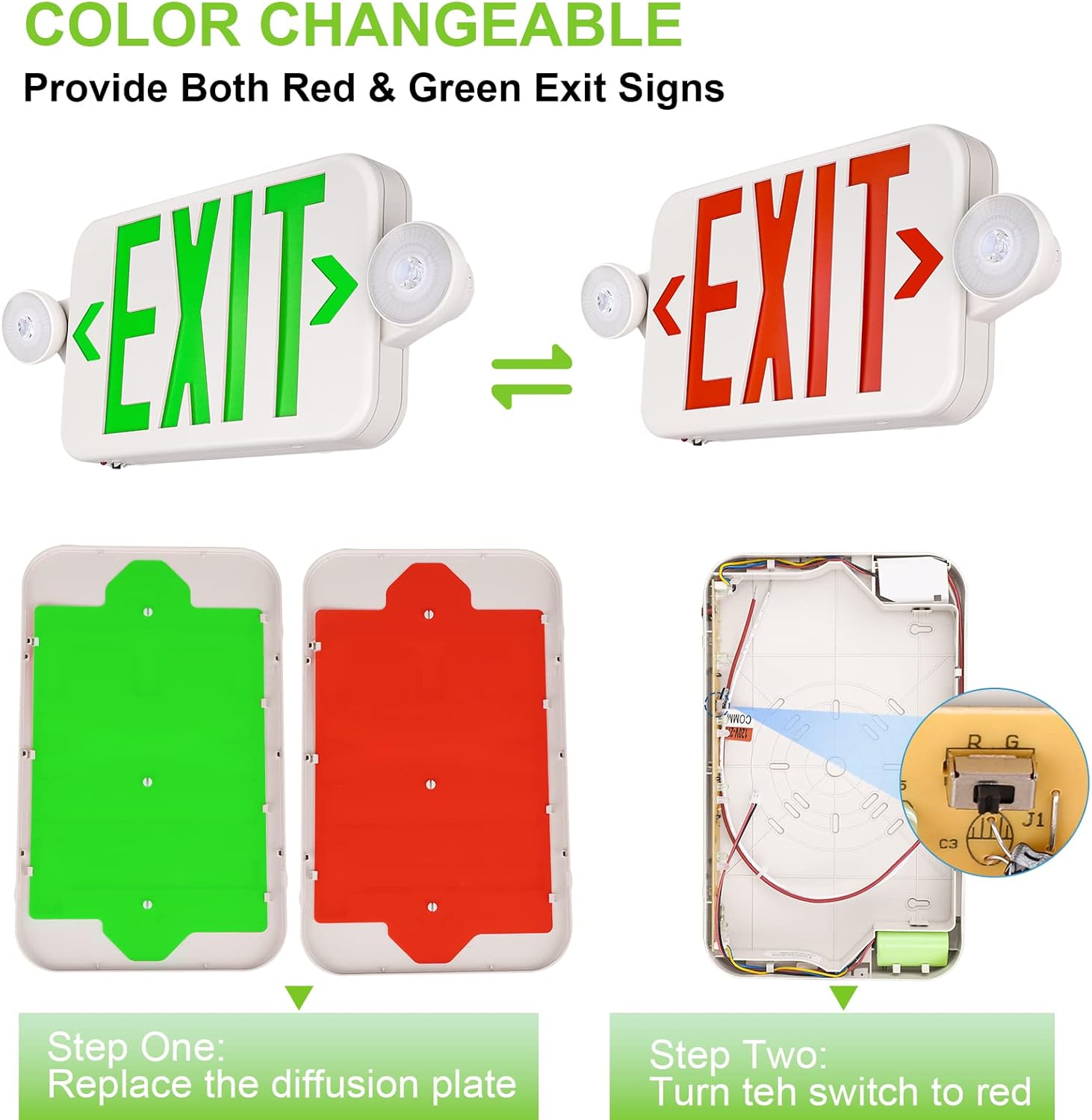 CINOTON 2 Pack LED Exit Sign with Emergency Lights, Red and Green Color Changeable, Two LED Adjustable Head Emergency Sign with Battery Backup, ABS Fire Resistance Exit Light for Business,Industrial