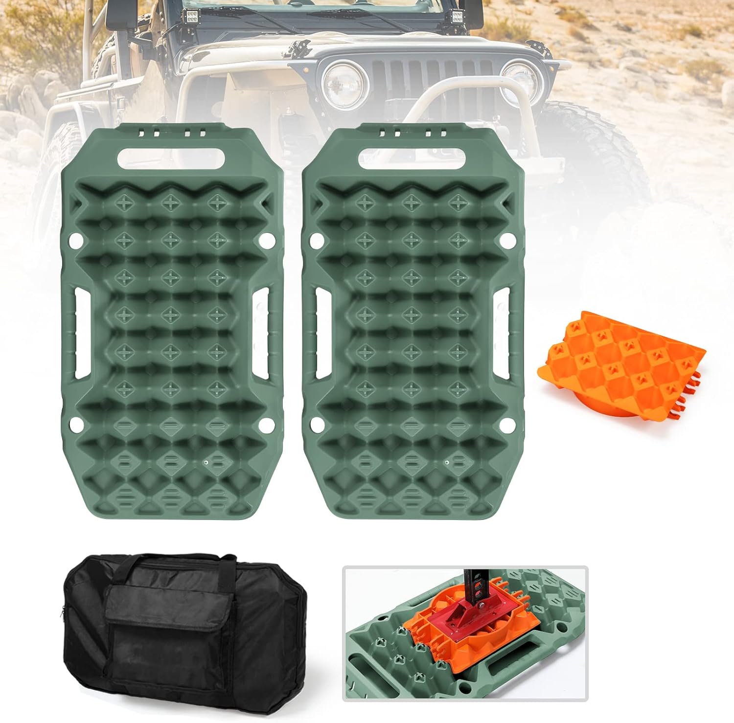 Kanruis Traction Boards Recovery Tracks 2Pcs 15T Off-road Traction Tracks with Jack Lift Base Mini Snow Mud Sand Tire Ladder Mat for 4x4 4WD Jeep Truck Trailer (Green)
