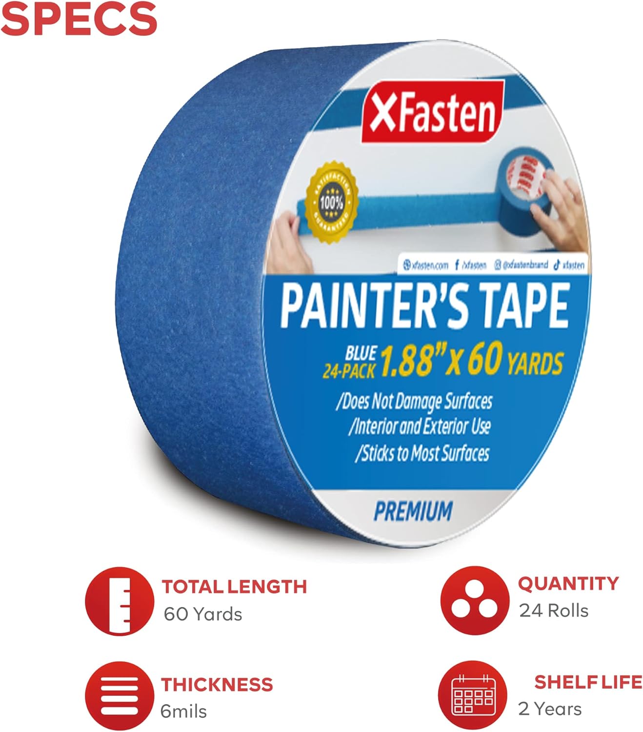 XFasten Blue Painters Tape Bulk, 1.88 Inch x 60 Yards, 1440 Yards Total (24-Pack) Blue Painters Masking Tape Bulk - Sharp Edge Line Technology, Produces Sharp Lines | Residue-Free Wall Trim Tape