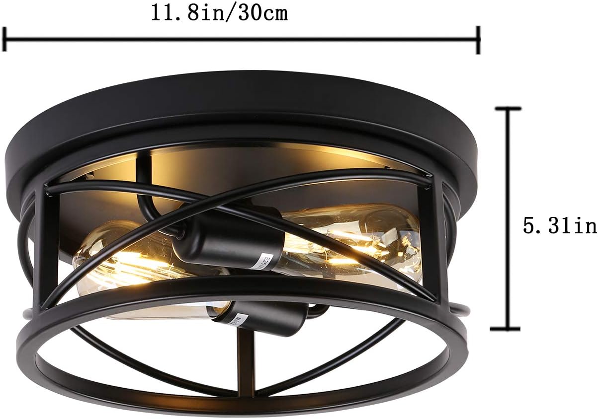 Vintage Industrial Style Rustic Farmhouse Ceiling Light Semi Flush Mount Fixture Black Metal Cage 2-Light for Bedroom Kitchen Living Room Hallway Bathroom Dining Room