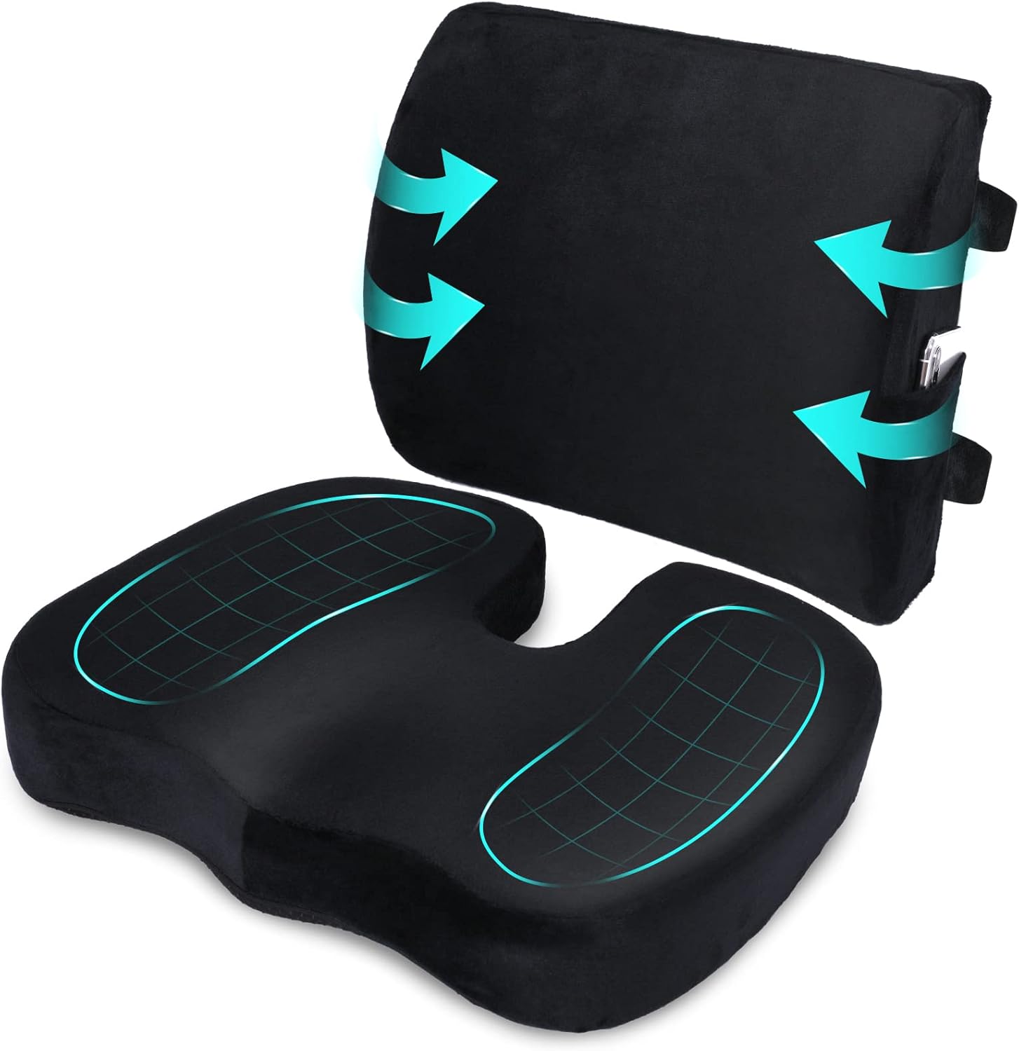 Orthopedic Seat Cushion and Lumbar Support Pillow for Office Chair Memory Foam Car Seat Cushion with Washable Cover Ergonomic Desk Chair Cushion for Tailbone, Lower Back Pain, Sciatica Relief