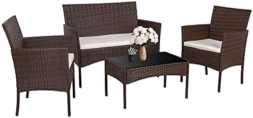Walsunny 4 Pieces Outdoor Patio Furniture Sets Rattan Chair Wicker Set,Outdoor Indoor Use Backyard Porch Garden Poolside Balcony Furniture（Brown）