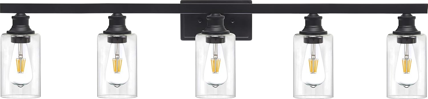 Wanluce 5 Light Vanity Lighting Black Bathroom Light Fixtures,Modern Bathroom Wall Sconce Lighting with Clear Glass Shade Wall Lamp for Mirror Kitchen Living Room Dining Room