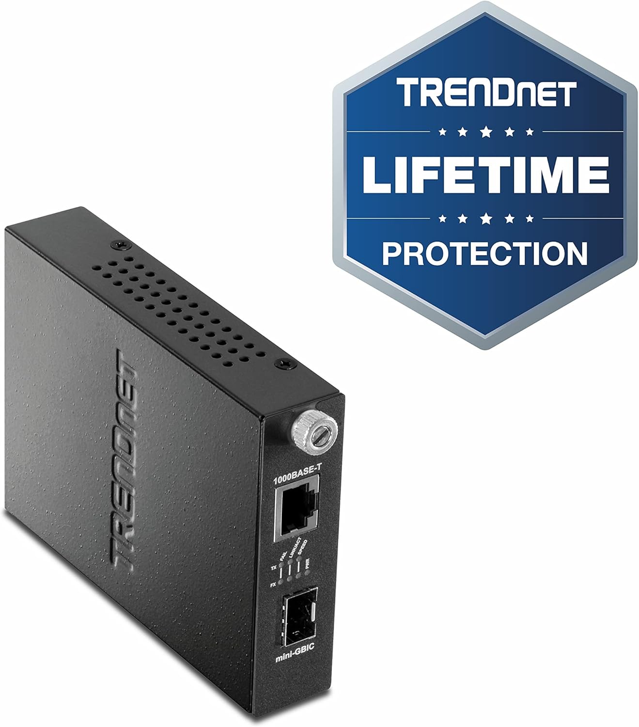 TRENDnet 100/1000Base-T to SFP Fiber Media Converter, Fiber to Ethernet Converter, RJ-45,Multi(SX) or Single-Mode(LX) 100Base-FX/1000Base-SX/LX Mini-GBIC Slot, Lifetime Protection, TFC-1000MGA,Black, Silver Pack of 2