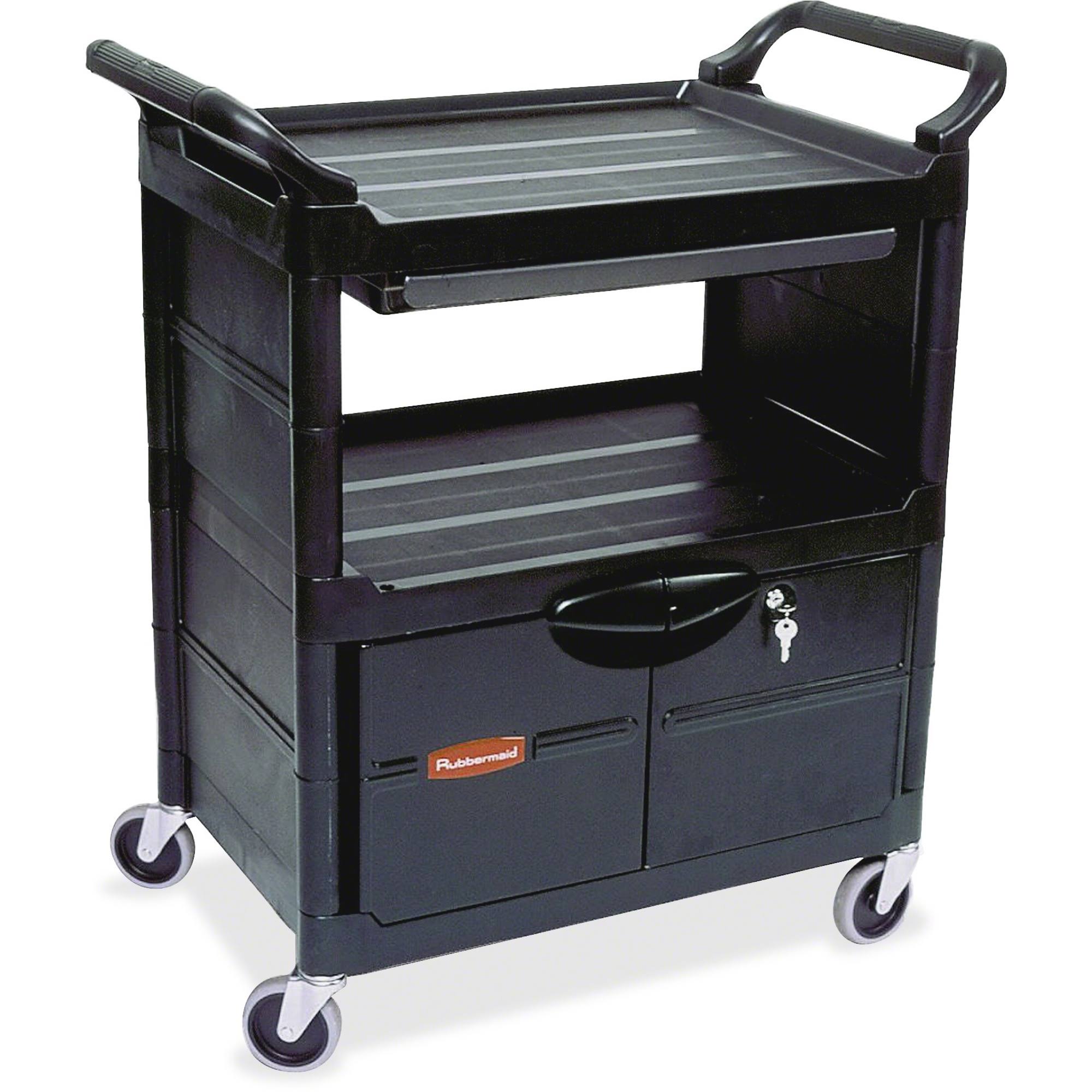Utility Cart with Locking Doors, Two-Shelf, Black | Rubbermaid