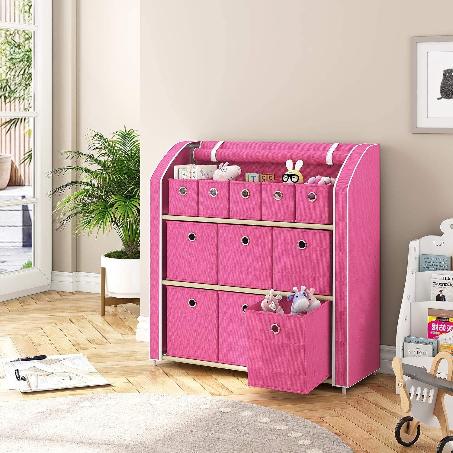 JEROAL Multi-Bin Storage Unit Organizer with Storage Bins Multi-Section Storage Cabinet Sturdy Metal Shelf Frame, Fushcia Pack of 2