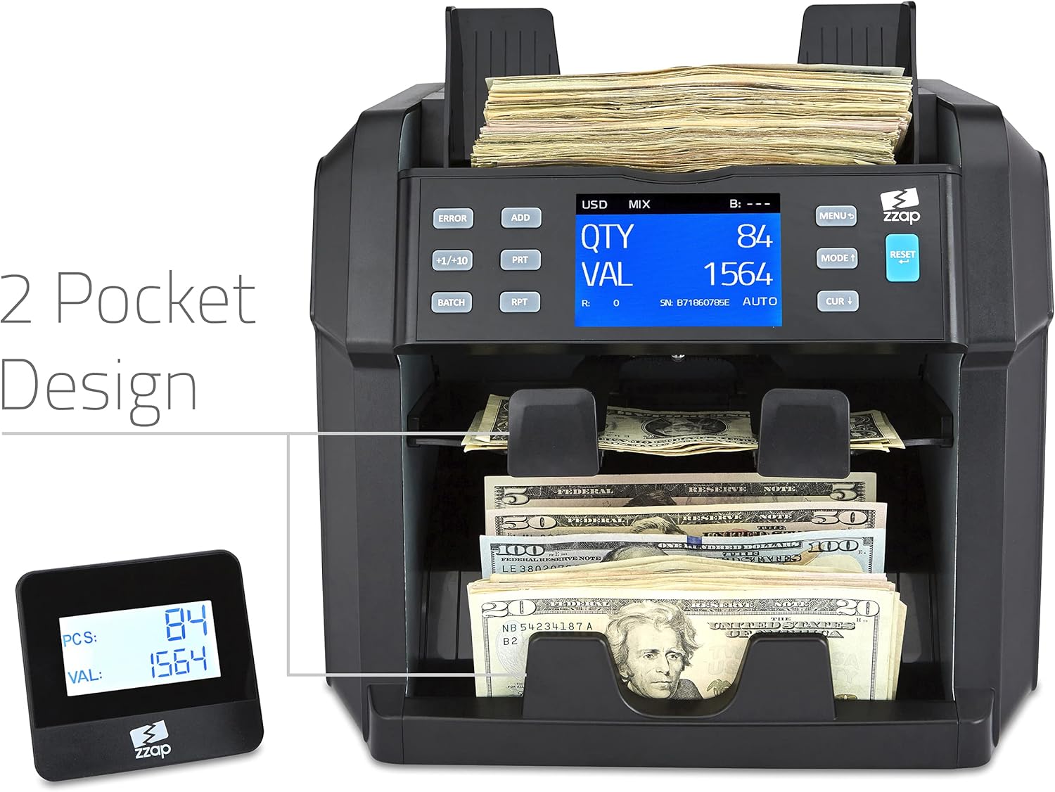 ZZap NC70 Mixed Denomination Bill Counter/2 Pocket Sorter/Counterfeit Detector - Money Cash Value Currency Machine