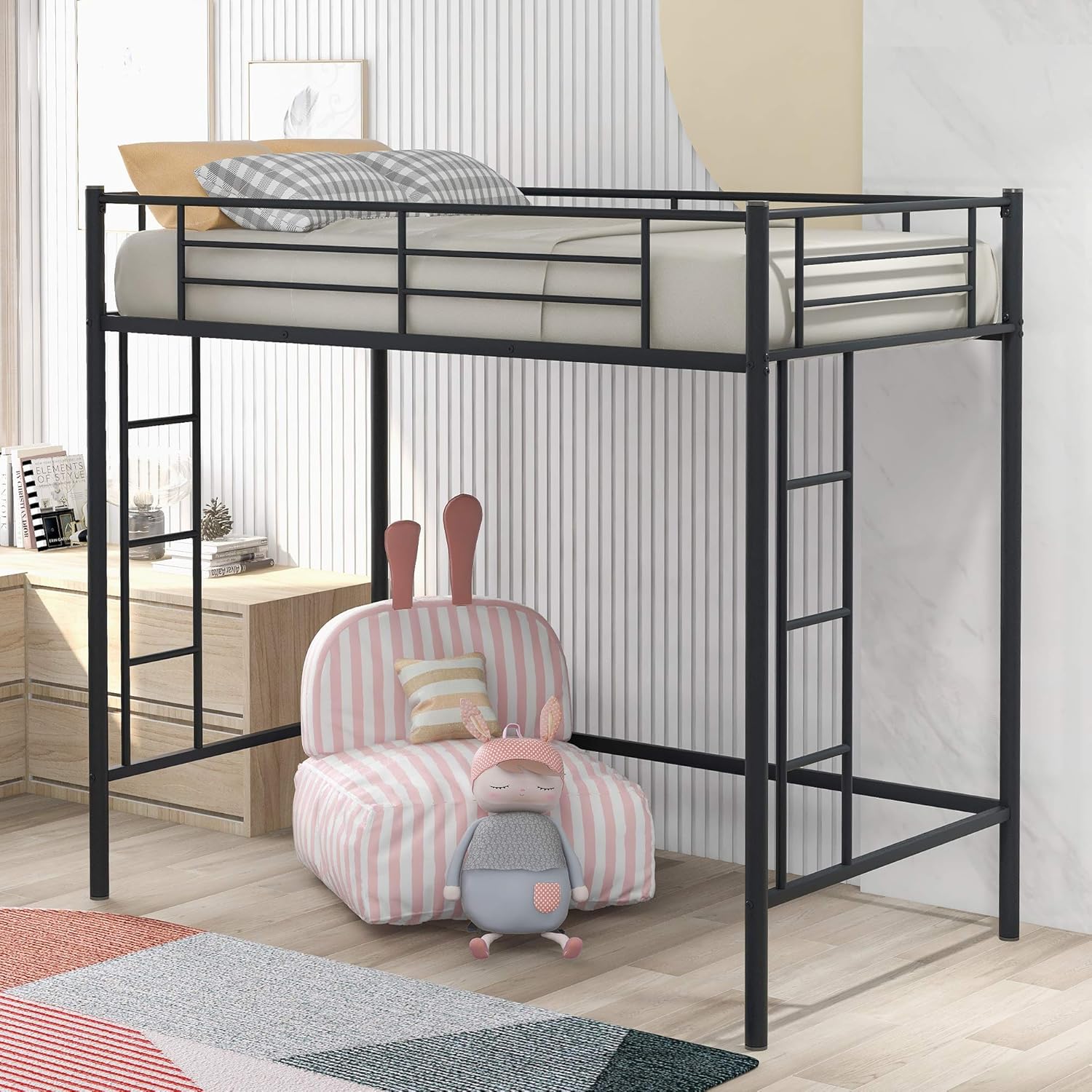 Heavy Duty Twin Loft Bed with 2 Ladder, Space-Saver Multifunctional Metal Pipe, Kids Loft Bed Frame with Safety Guard Rails, Modern Loft Bed for Bedroom (White)