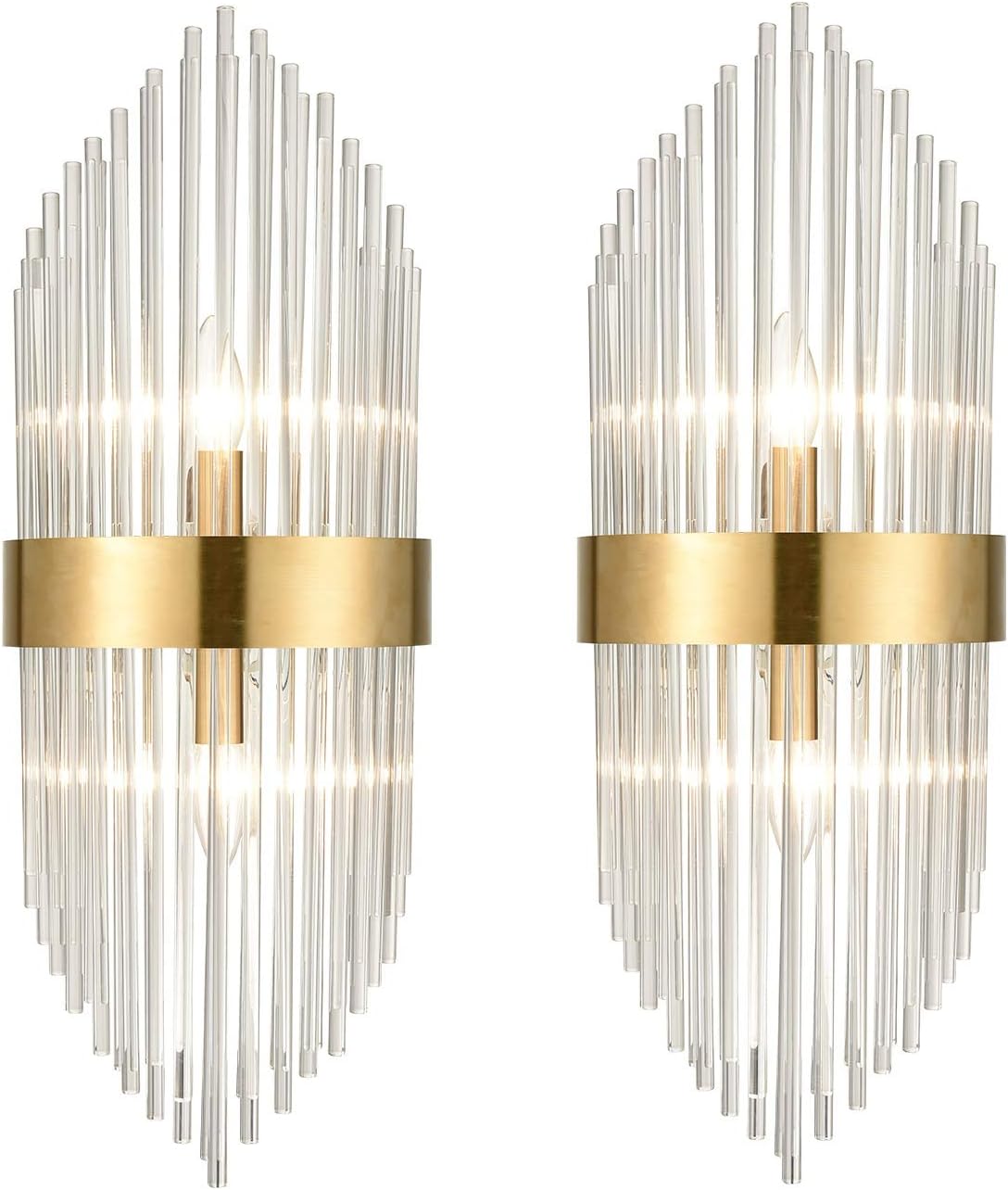 Mid Century Brass Glass Rods Wall Sconce 2 Pack Modern Luxury-Look Clear Glass Wall Lights Art Decor