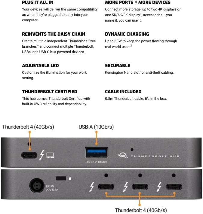 OWC Thunderbolt Hub, 5 Port, Compatible with M1 Macs, Thunderbolt 3 Equipped Macs, and Thunderbolt 4 PCs, (OWCTB4HUB5P)