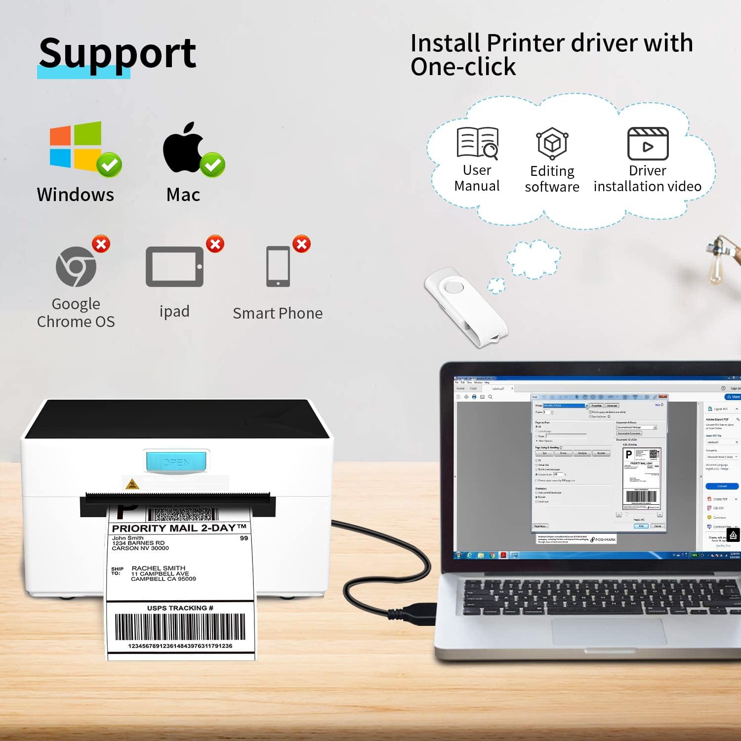 GearKing Thermal Label Printer Set,USB High Speed Shipping Label Printer for Shipping Packages,4x6 Desktop Label Printer for Small Business, Compatible with Amazon, Ebay, Etsy, Shopify, FedEx, etc