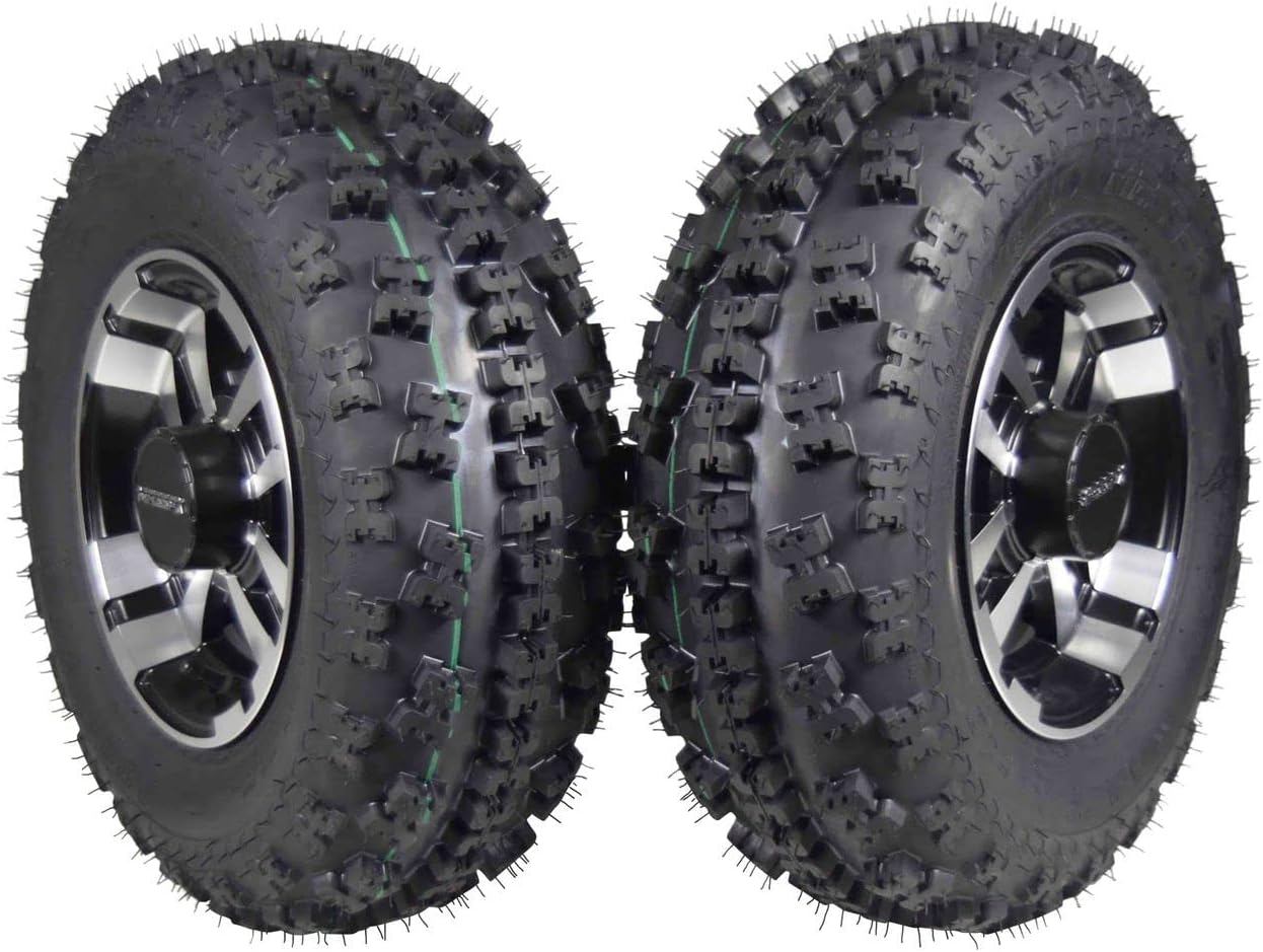 MASSFX MK 21x7-10 ATV Front Tire & 10x5 4/144 Machined Wheel Kit fits Honda TRX, Kawasaki KFX, Suzuki Z250 & Arctic Cat DVX 21x7x10 (2 Pack)