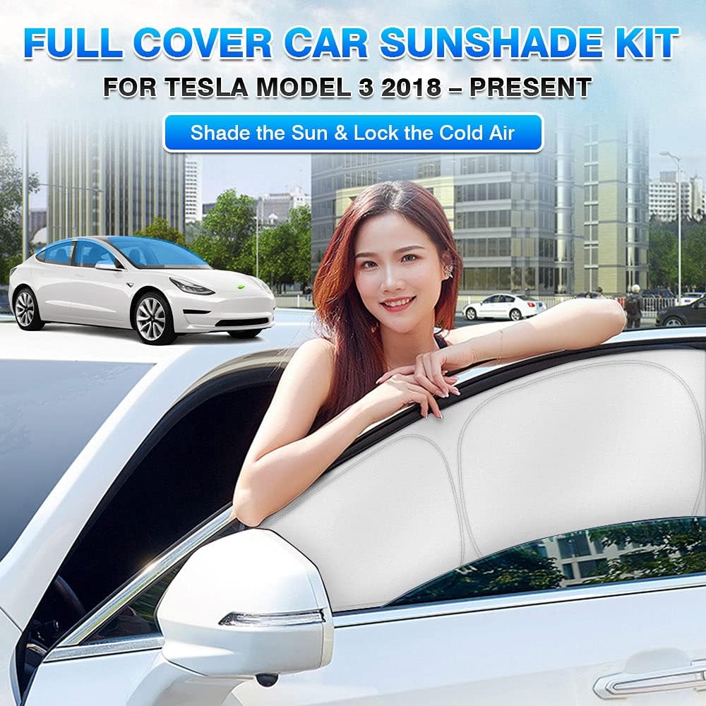 T TGBROS Car Windows Sunshade for 2018 2019 2020 2021 2022 Tesla Model 3 Windshield & Side Window & Triangular Window Car Sunshades All-Round Blocks UV Rays Keeps Your Vehicle Cool Foldable Pack of 2