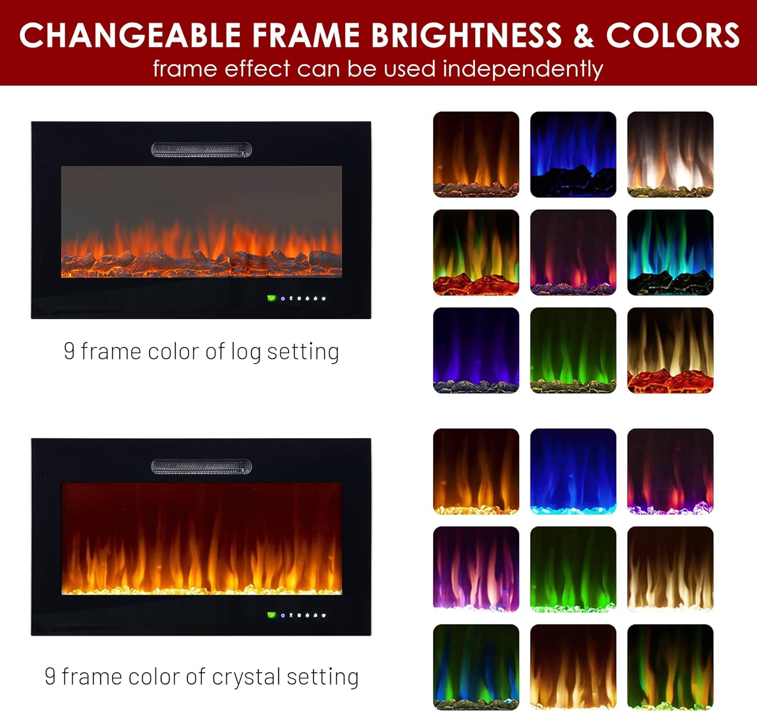 Lovinouse 36 Inch Recessed Wall Mounted Electric Fireplace, Ultra-Thin and Silence Fireplace with 12 Hour Timer, 750/1500W, Touch Screen/Remote Control, Adjustable Flame Colors and Brightness