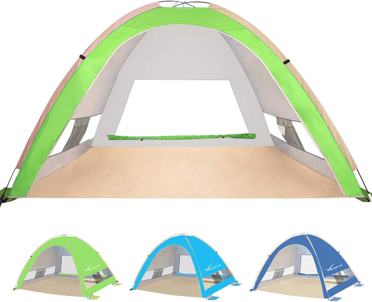 KEUMER Venustas Large Pop Up Beach Tent Automatic Sun Shelter Cabana Easy Set Up Light Weight Camping Fishing Tents 4 Person Anti-UV Portable Sunshade for Family Adults Pack of 2