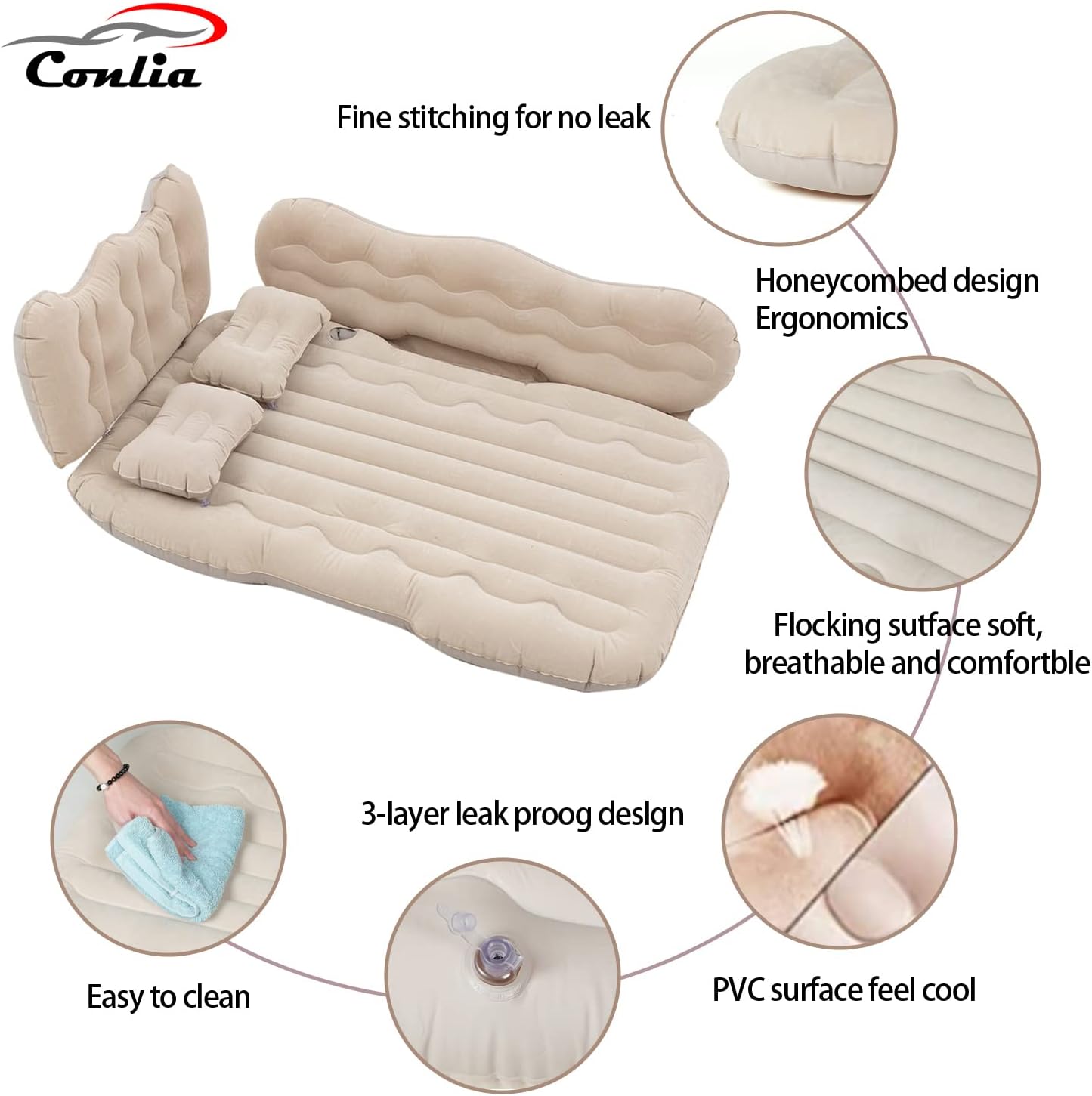 Conlia Inflatable Car Air Mattress Back Seat, Car Matressess for Back SUV Cushion Flocking, Backseat Air Mattress for Car Upgrade Thickened Car Inflatable Mattress with Air Pump - Beige