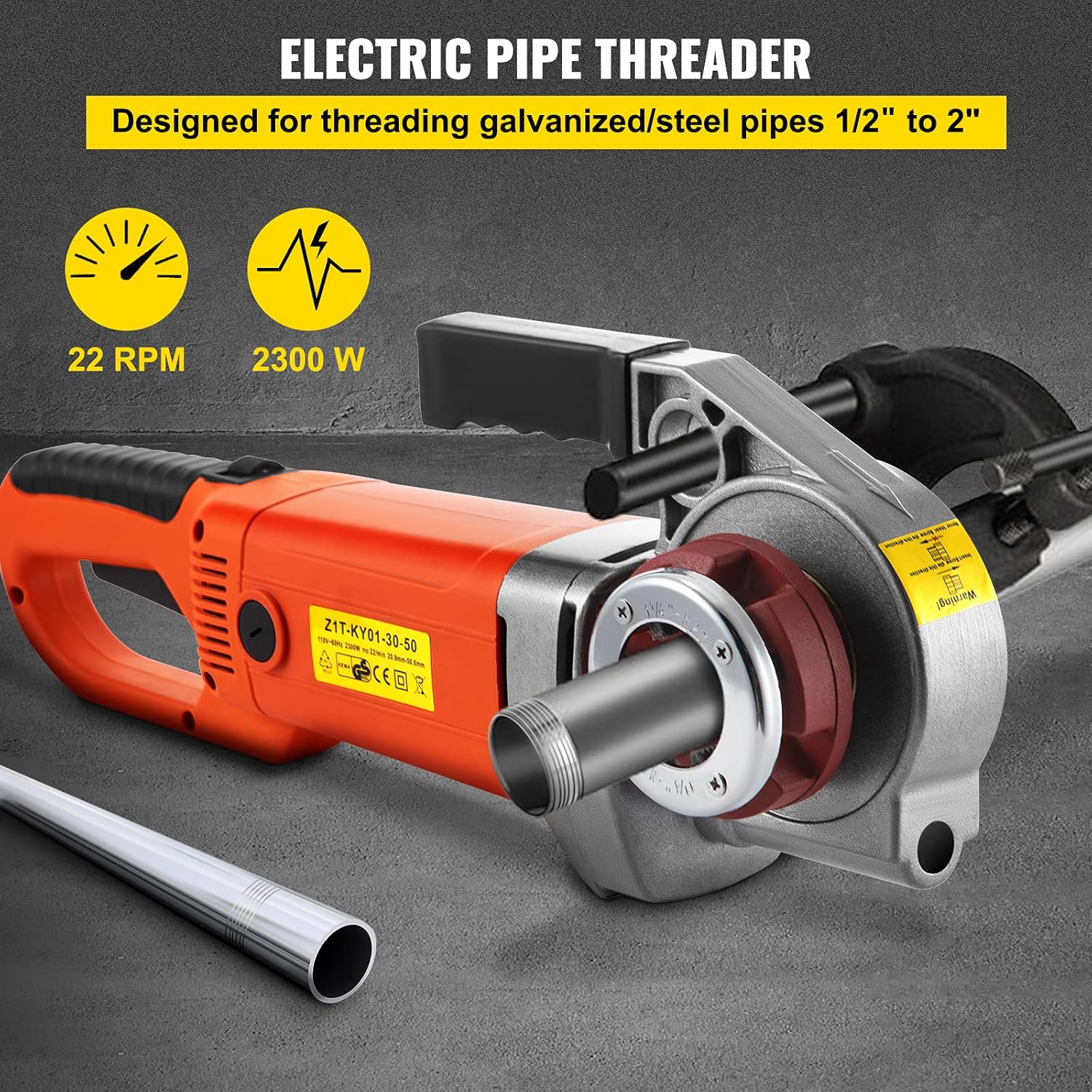 VEVOR Electric Pipe Threader, 2300W Pipe Threading Machine, Heavy-Duty Hand-Held Power Drive Kit, 110V Pipe Threader Machine Copper Motor, Portable Pipe Threader with 6 Dies 1/2