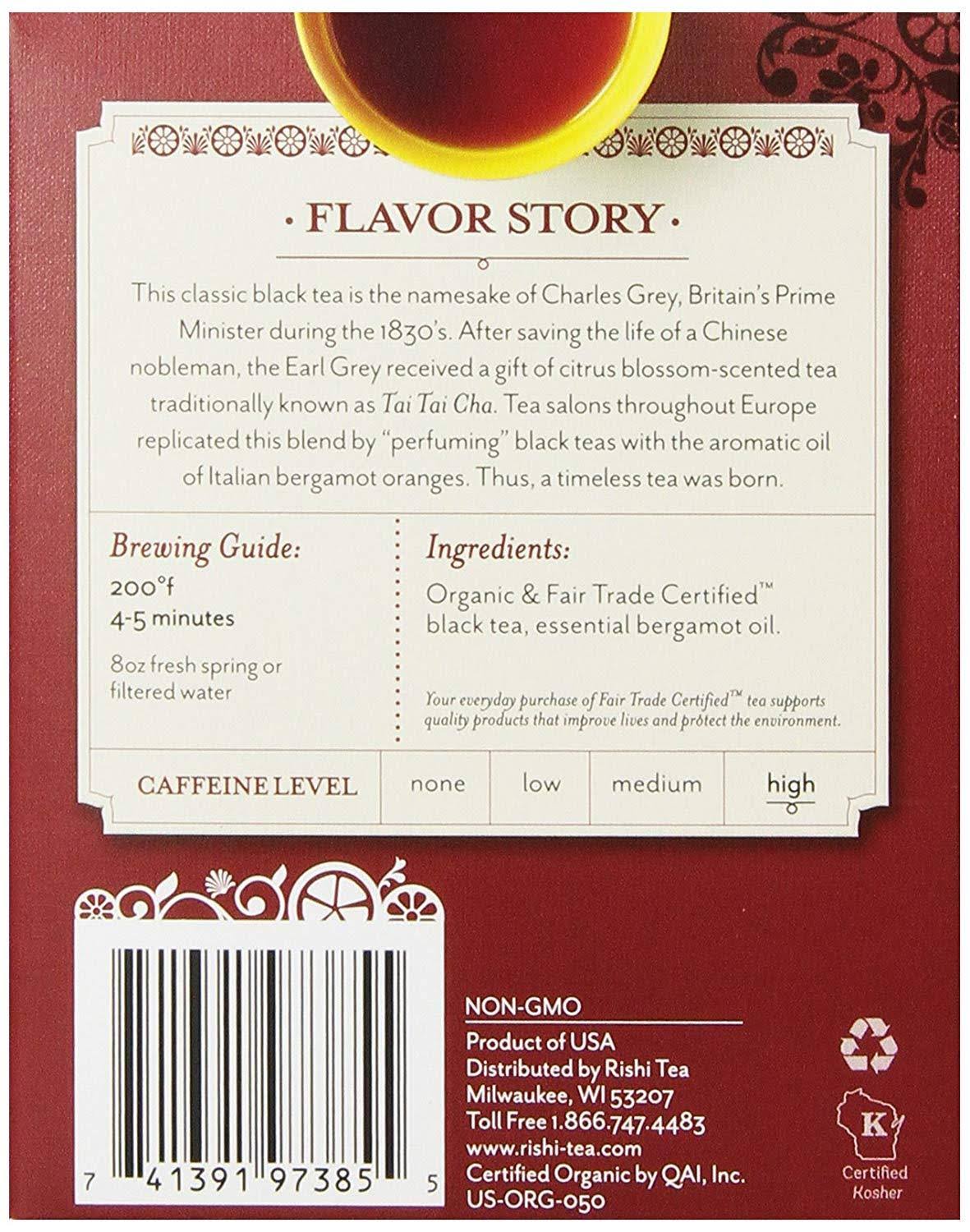 Rishi Tea Organic Earl Grey Tea Bags, 15 Count (Pack of 6)