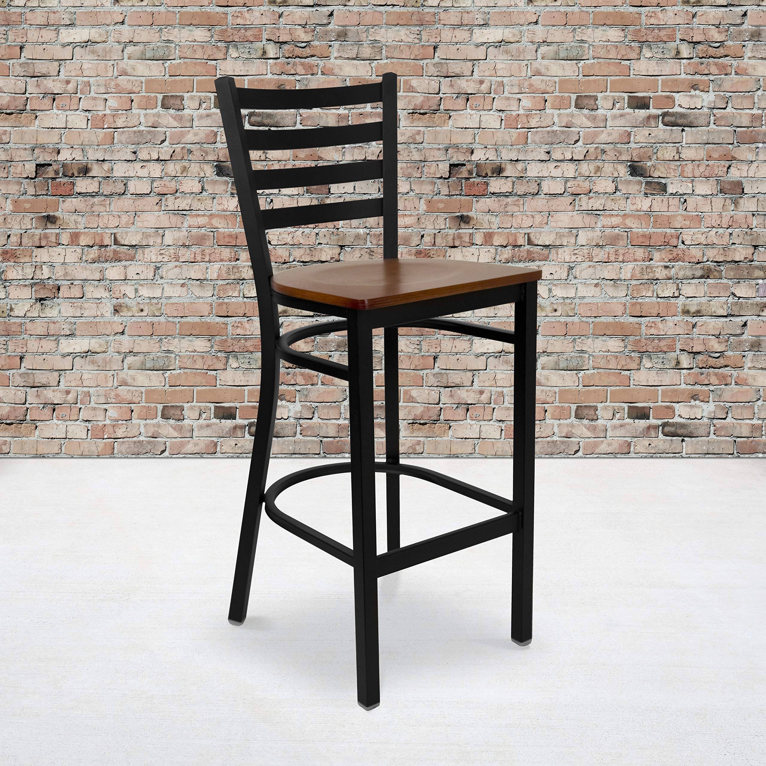 Flash Furniture 2 Pk. Hercules Series Black Ladder Back Metal Restaurant Barstool - Cherry Wood Seat