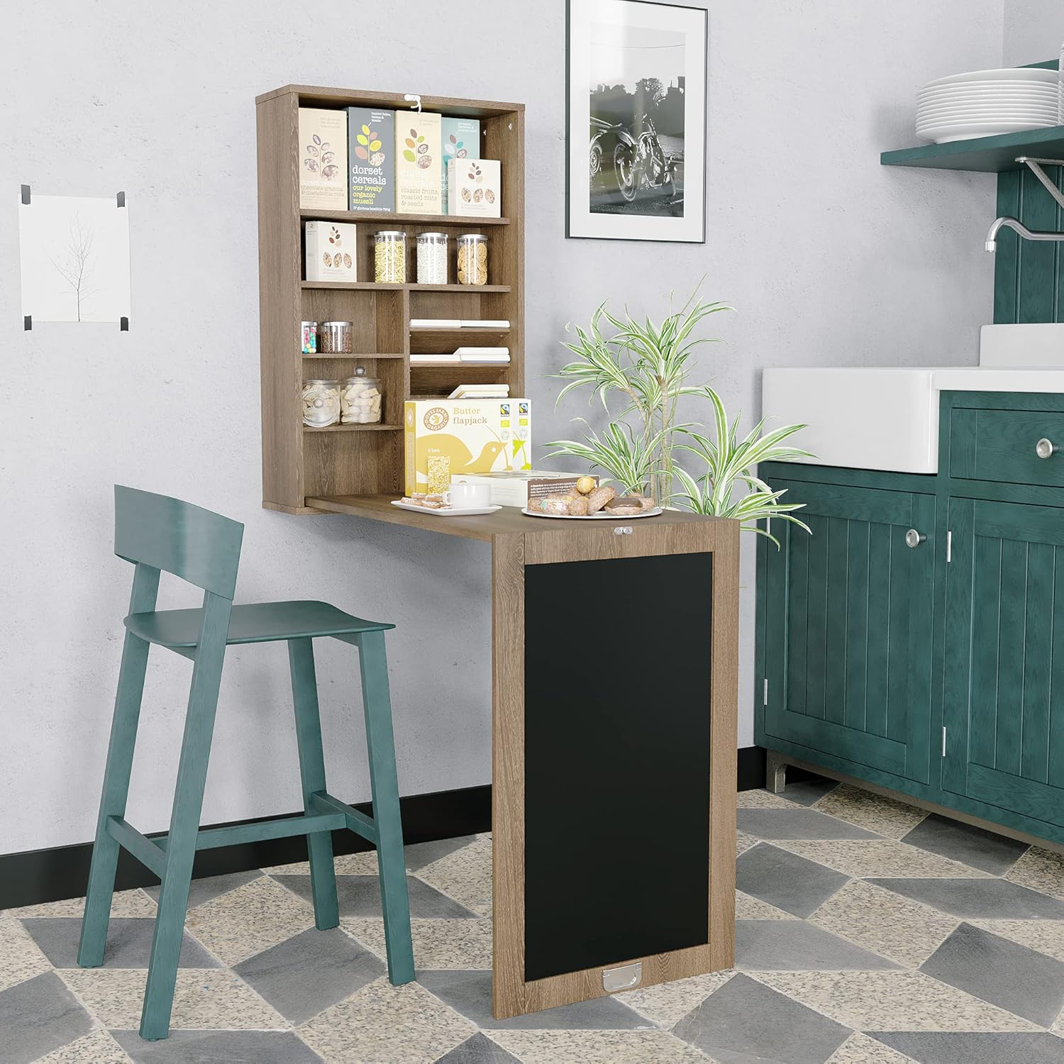 3 in 1 Wall-Mounted Space-Saving Desk, Fold Out Computer Laptop Desk, Multi-Function Wall Mounted Table with Storage Shelves & Hooks,Convertible Writing Desk for Home Office, Rustic Brown …