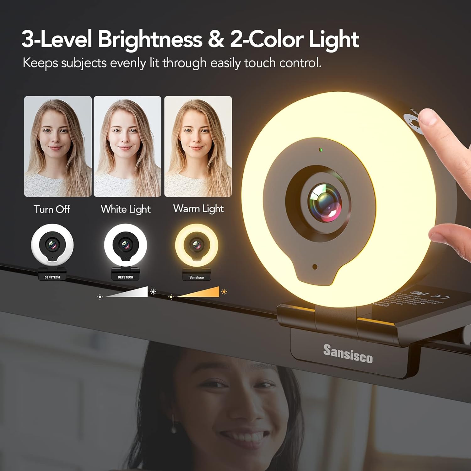 Webcam with Ring Light, Sansisco AutoFocus FHD 1080P Webcam with Microphone, 2 Colors and 3-Level Brightness, Plug and Play Computer Camera, Streaming Web Camera for Laptop MacBook PC for Zoom, Skype