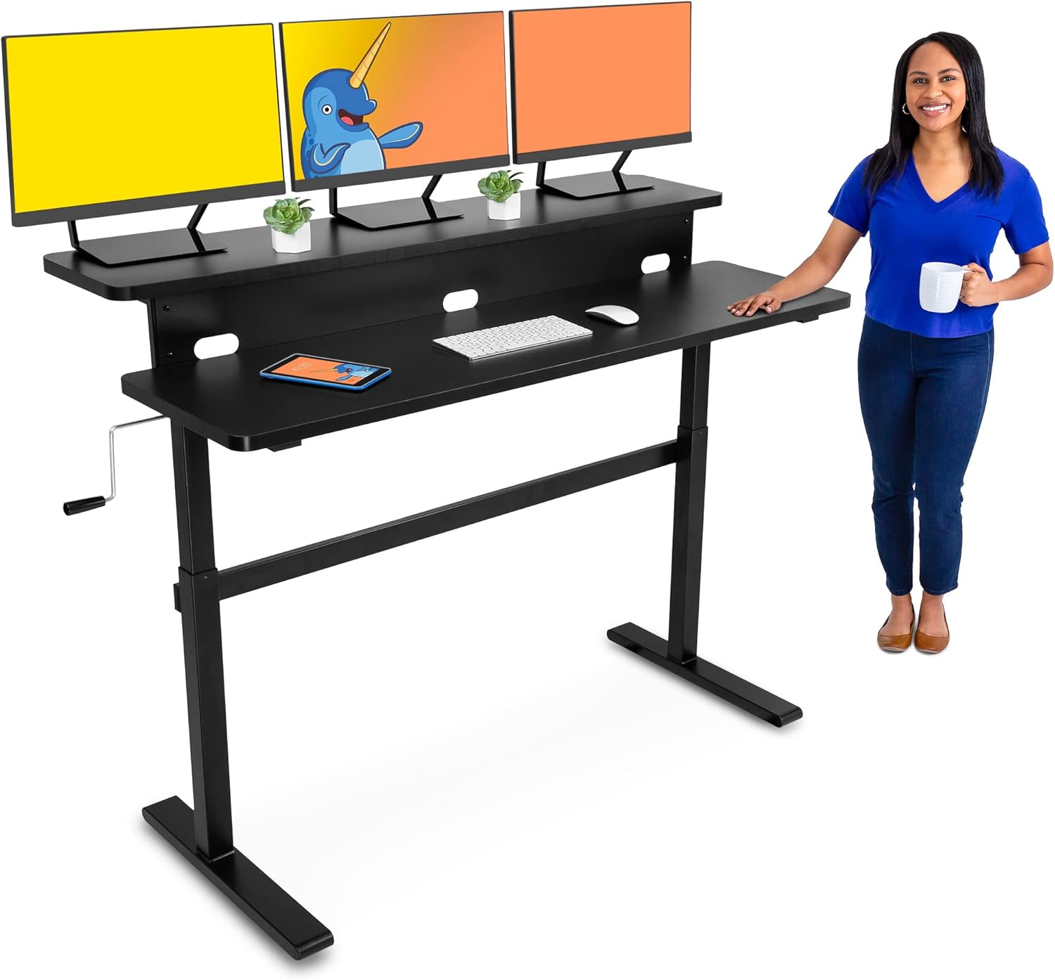 Stand Steady Tranzendesk | 55 Inch Dual Level Standing Desk with Shelf | Easy Crank Height Adjustable Sit to Stand Desk | Stand Up Workstation with Monitor Riser for Home & Office (55in / Black)