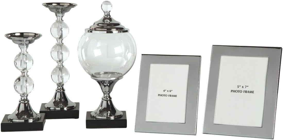 Signature Design by Ashley Destry 5 Piece Home Décor Set with Box, Candle Holders & Photo Frames, Silver Finish Pack of 2