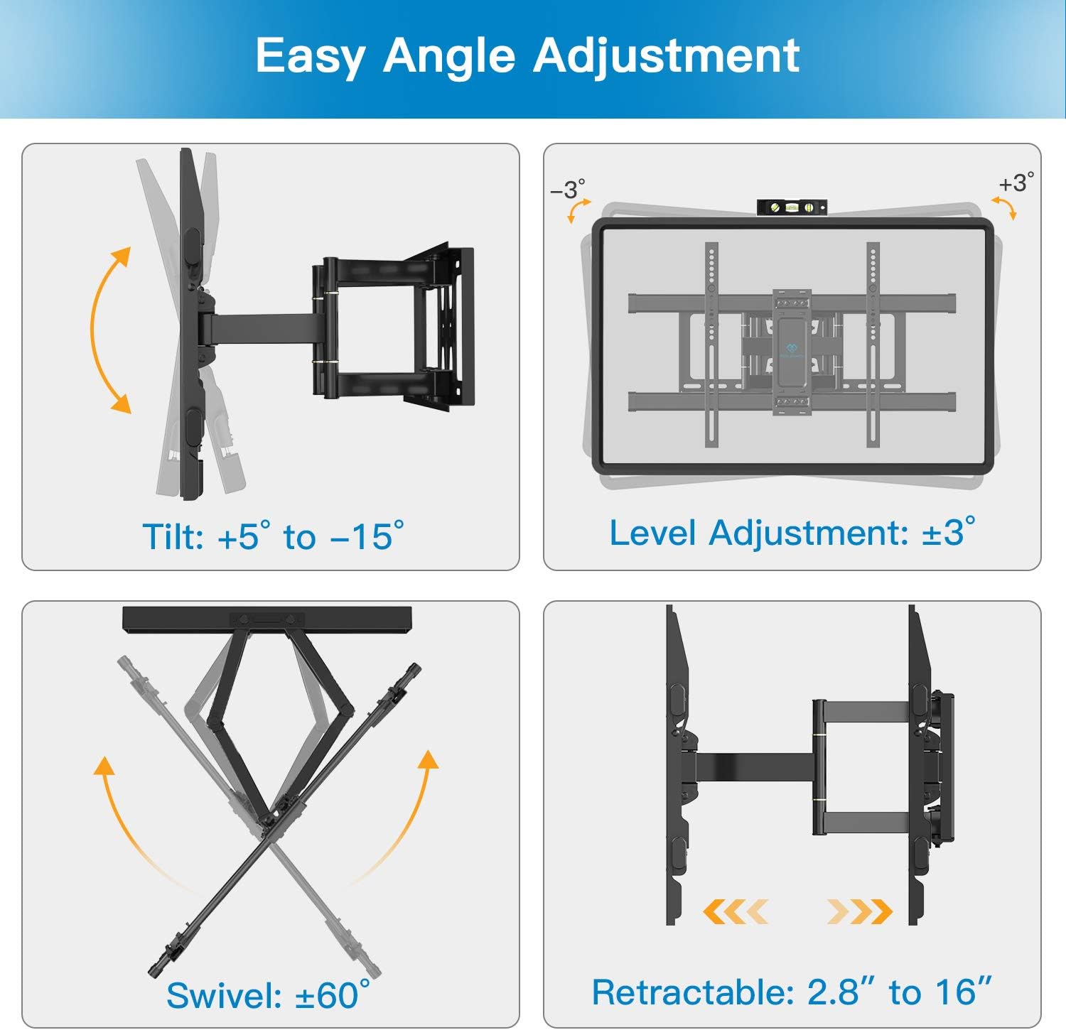 PERLESMITH TV Wall Mount Bracket Full Motion Dual Articulating Arms for Most 37-70 inch LED, LCD OLED Flat Curved TV Screens up to 132lbs Max VESA 600×400 with Tilt Swivel Extensions Rotation, PSLFK1 Pack of 2