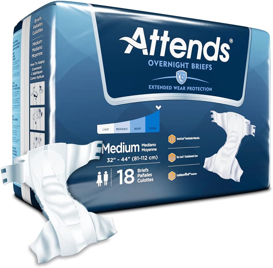 Attends Extended Wear Briefs with Dry-Lock Containment Core for Adult Incontinence Care, Medium, Unisex (72 Count) Pack of 2