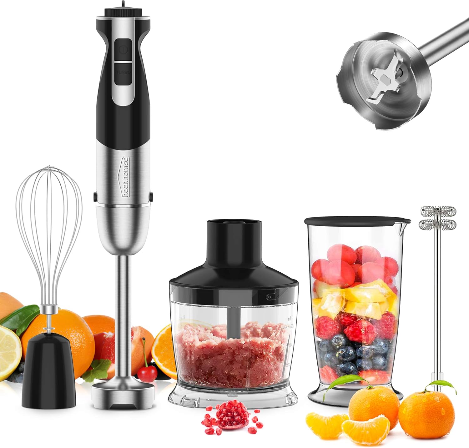 [Upgraded] 5-In-1 Immersion Blender Hand Blender, healthomse 800W 12-Speed Powerful Stainless Steel Stick Blender with Milk Frother,Egg Whisk, 4-Blades 500ml Chopper and 700ml Beaker with Lid Pack of 2
